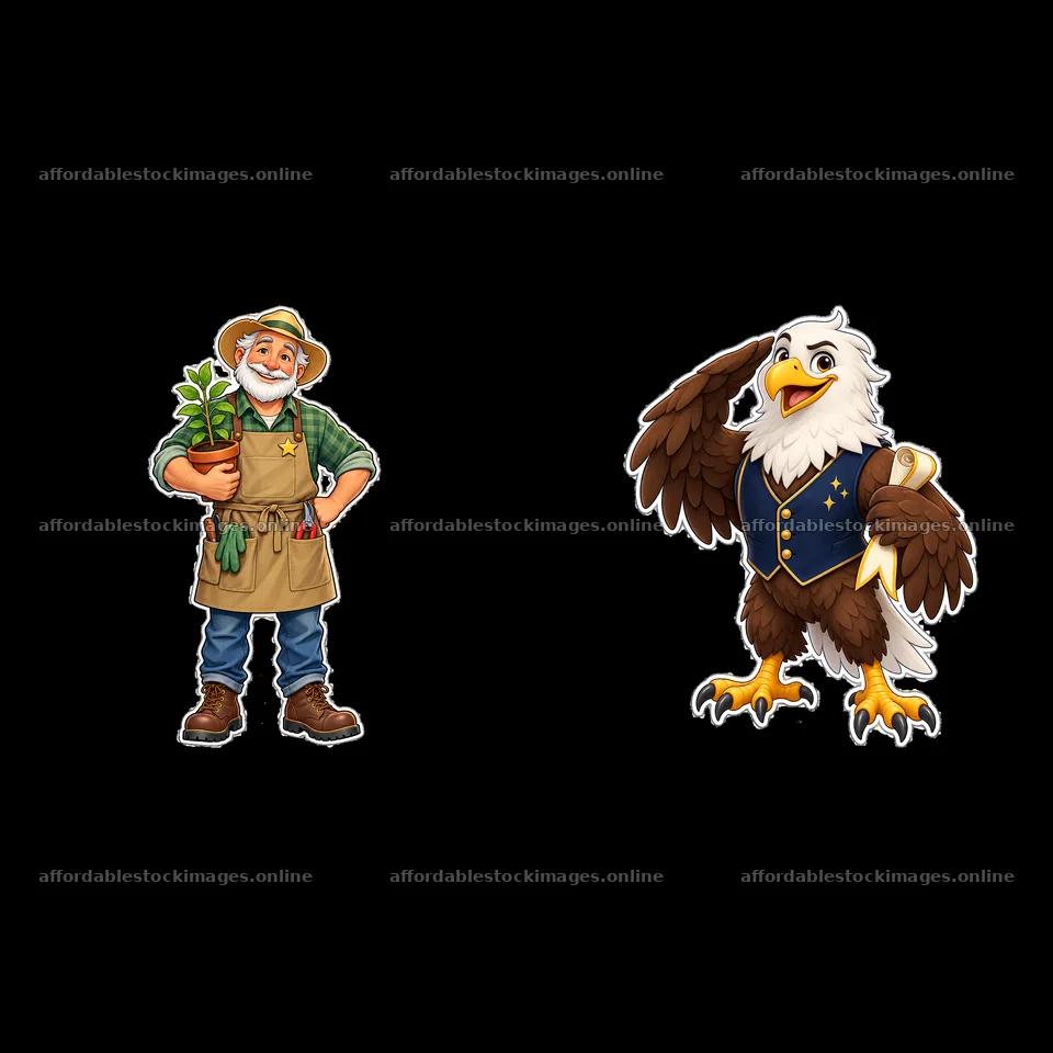 Gardener with plant alongside a patriotic eagle character – stock images 7746x7746