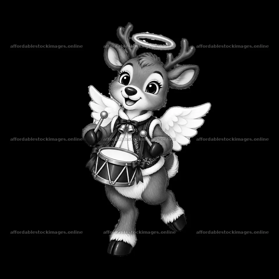 Christmas angel reindeer playing a drum with wings and halo – stock images 7746x7746