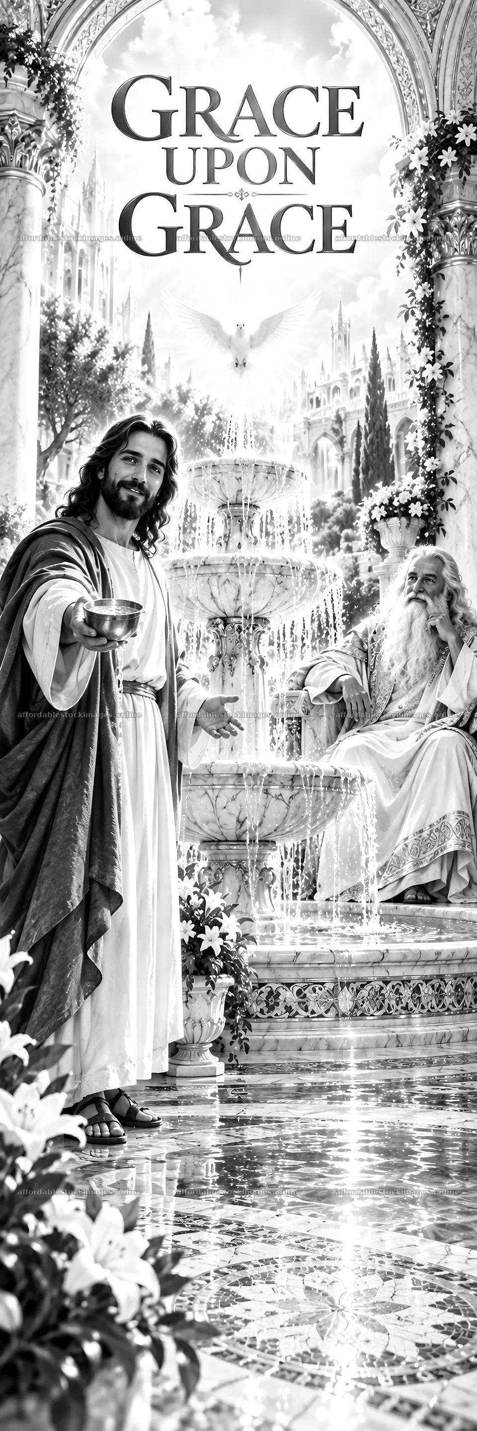 Jesus Christ offering grace in a heavenly setting – stock images 4473x13414