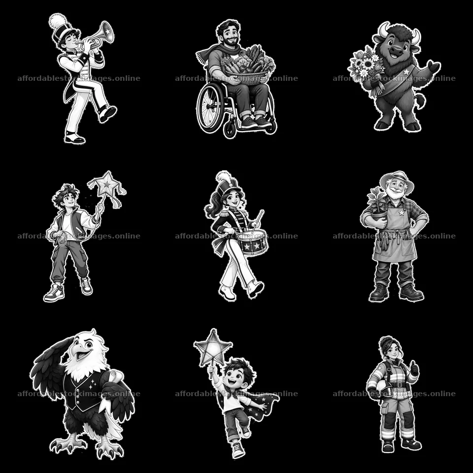 Patriot-themed cartoon characters in various activities – stock images 7746x7746