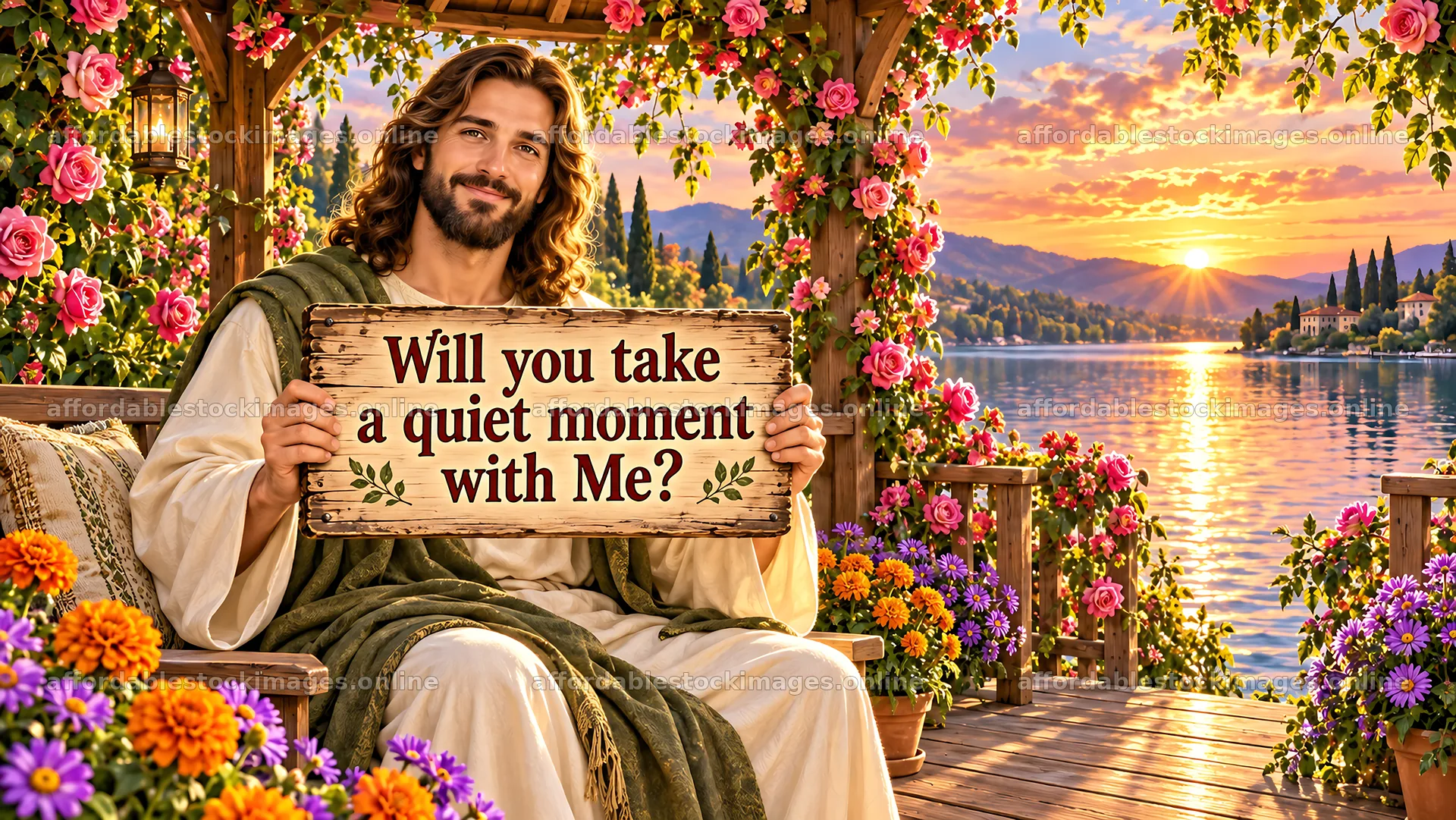 Jesus Christ inviting a quiet moment by the lake – stock images 10324x5812