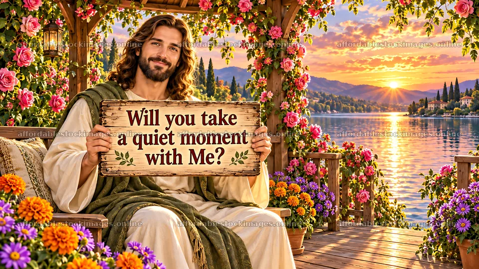Jesus Christ inviting a quiet moment by the lake – stock images 10324x5812