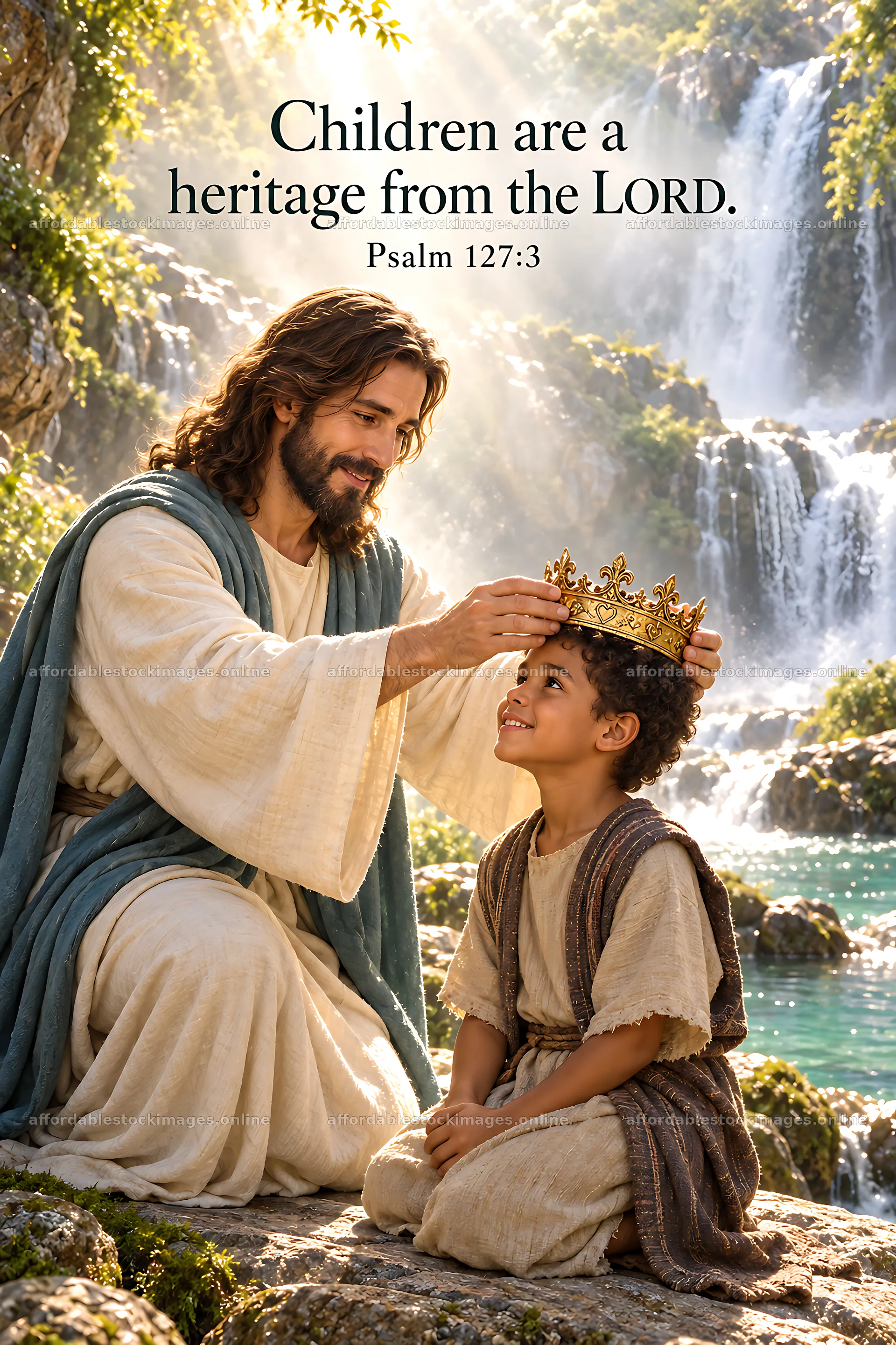 Blessing by the waterfall with a child and Jesus – stock images 6480x9722