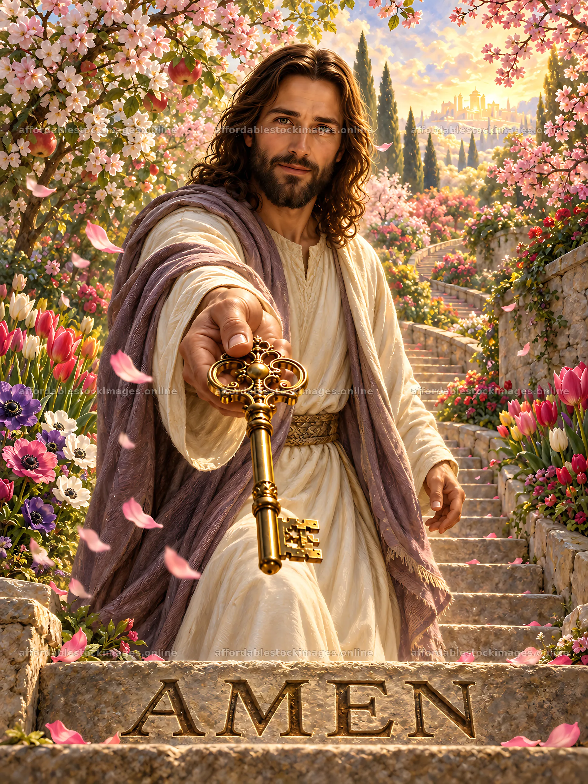 Key held by a figure at the orchard stairway – stock images 6874x9166