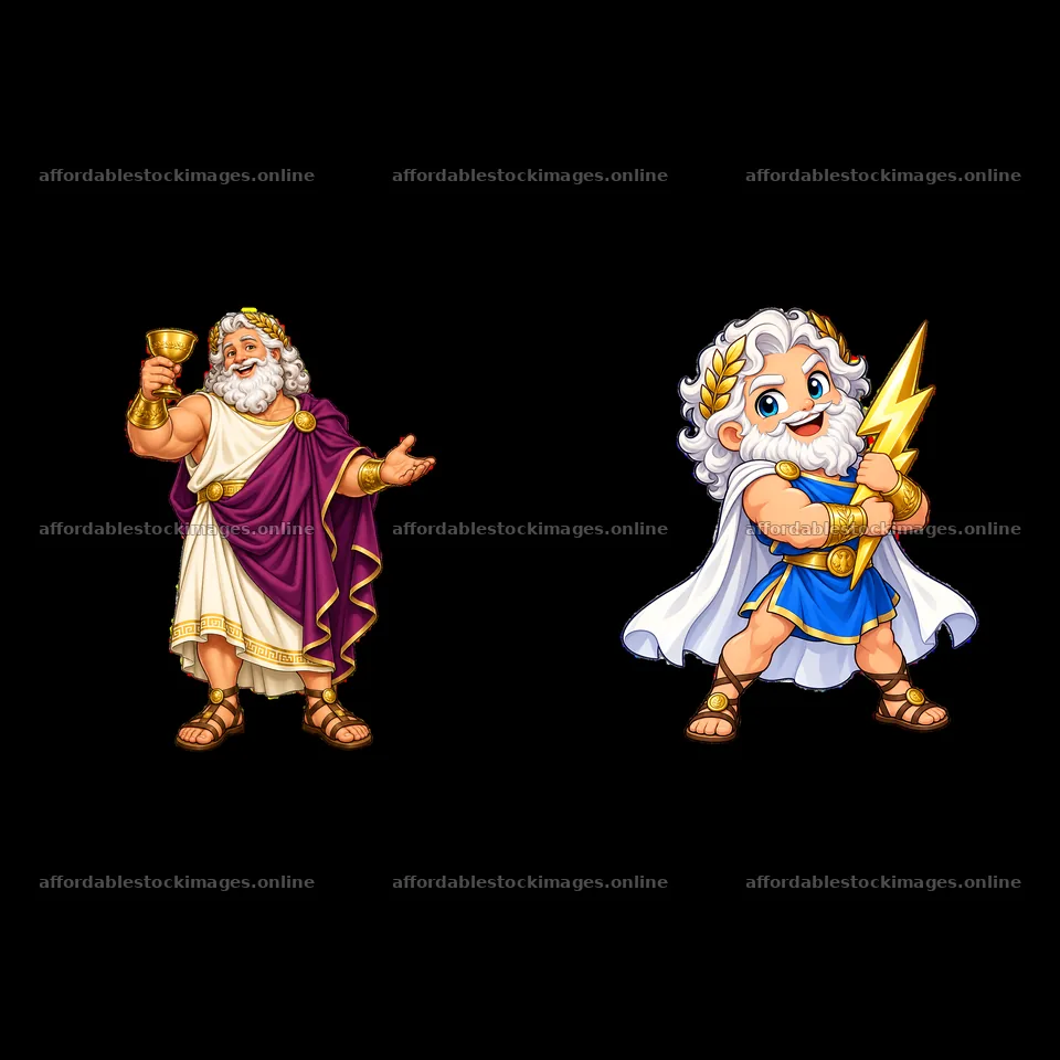 Zeus holding a cup and Zeus with a lightning bolt – stock images 7746x7746