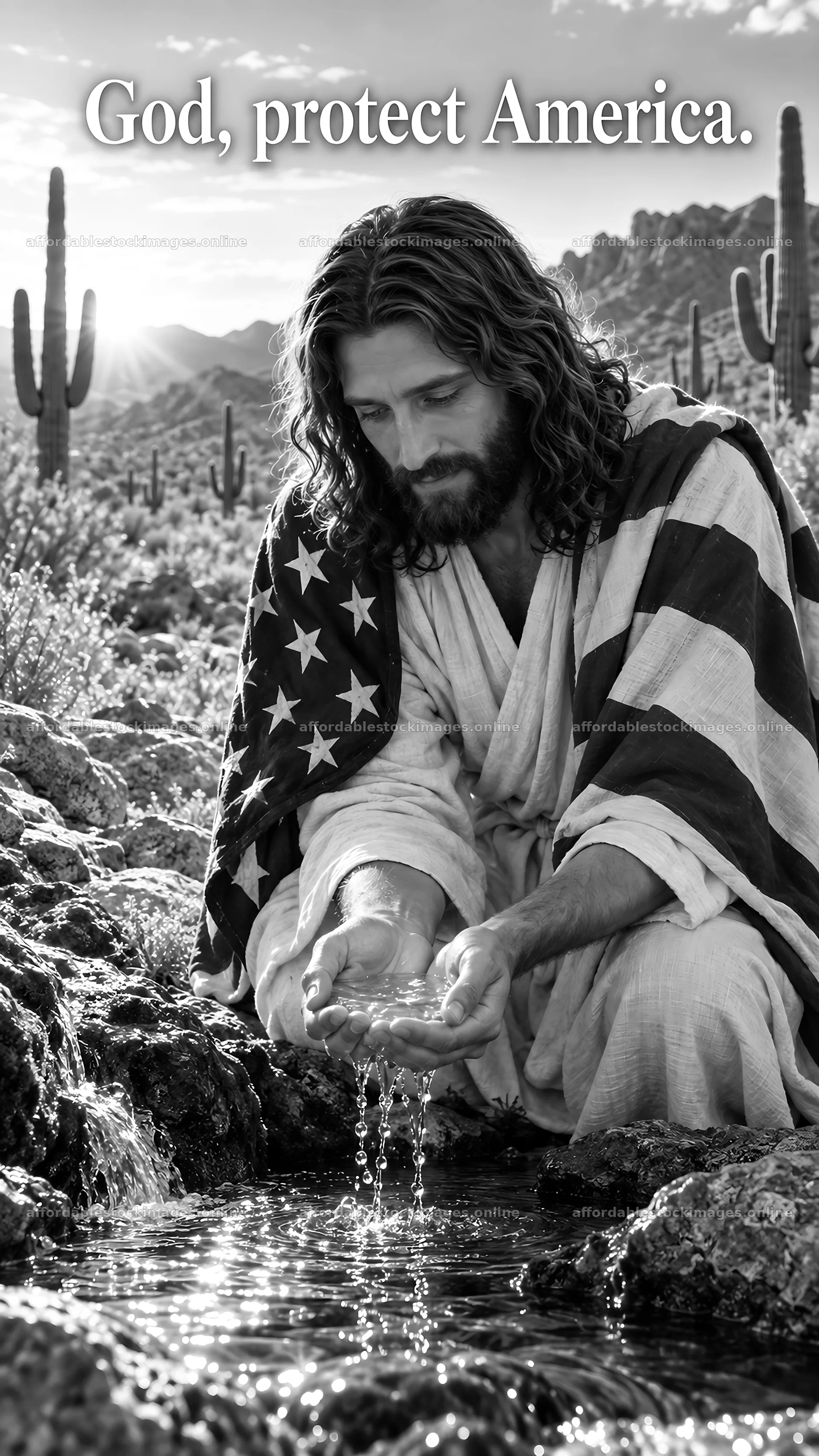 Jesus Christ praying for America in a desert setting – stock images 5811x10326