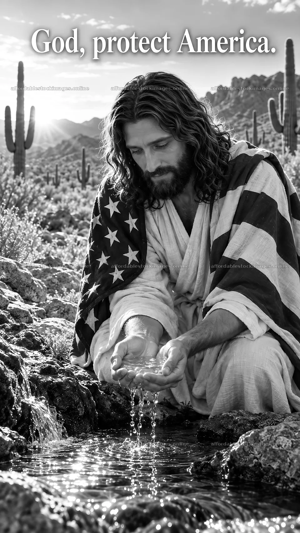 Jesus Christ praying for America in a desert setting – stock images 5811x10326