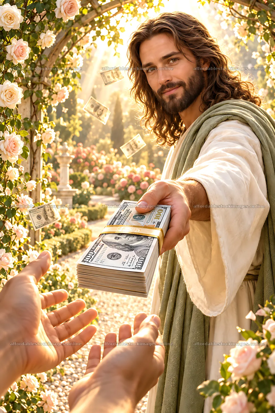 Man offers money in a rose garden – stock images 6480x9722