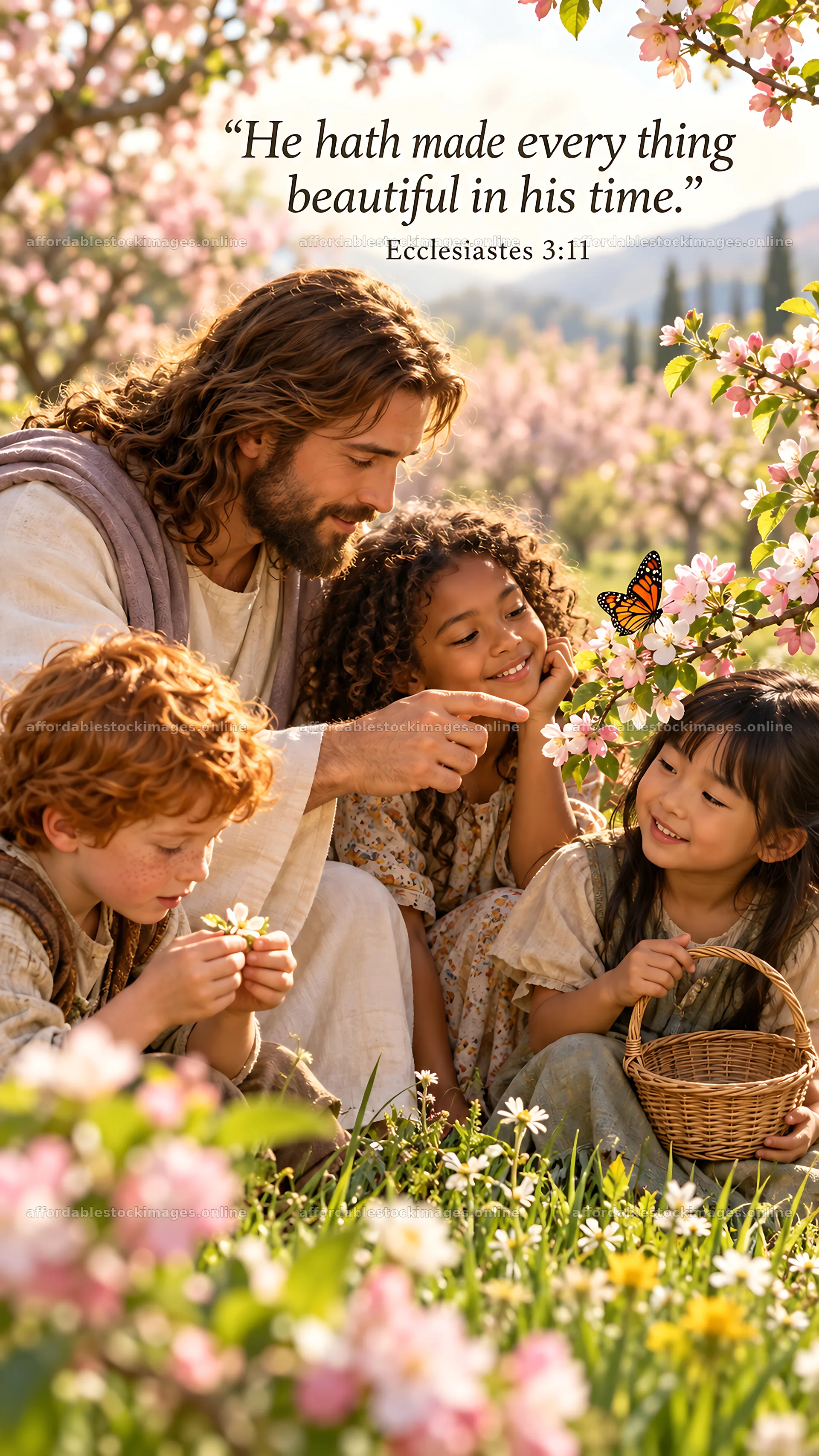 Jesus Christ sharing flowers with children in a garden – stock images 5811x10326