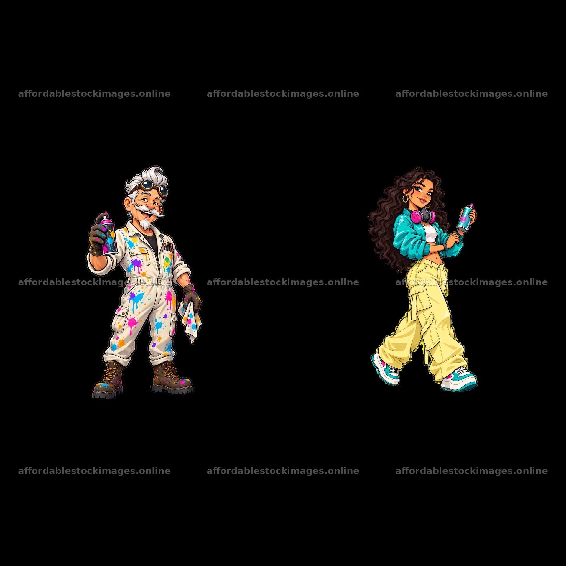 Cool graffiti sprayer duo with vibrant spray cans and outfits – stock images 7746x7746