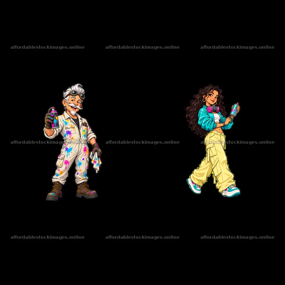 Cool graffiti sprayer duo with vibrant spray cans and outfits – stock images 7746x7746