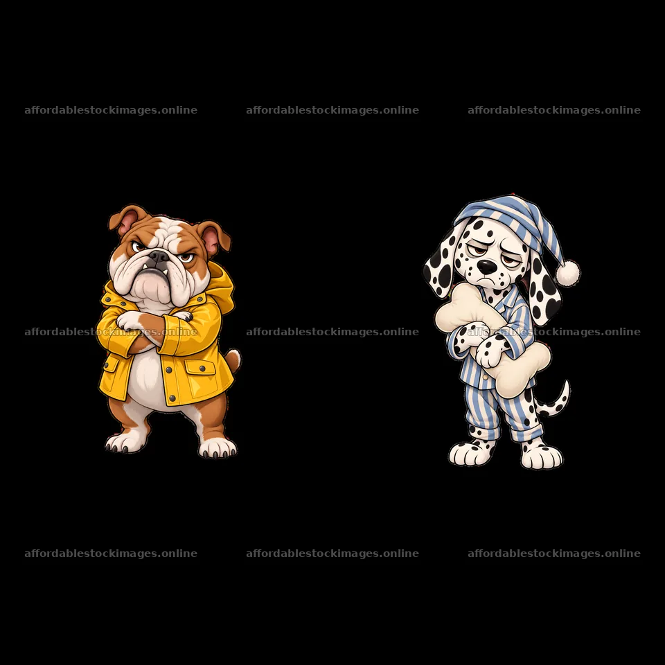 Grumpy dog characters in playful poses with accessories – stock images 7746x7746