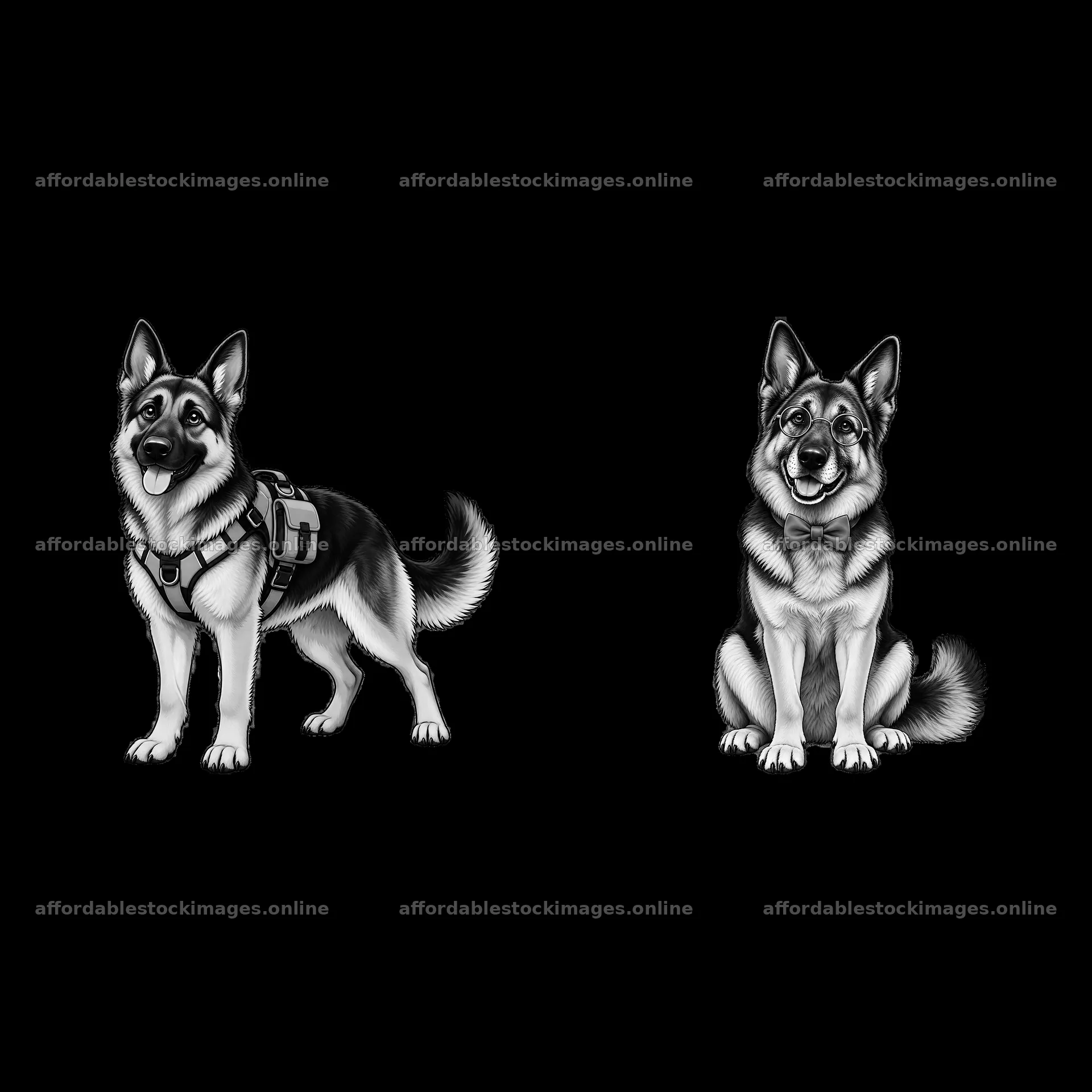 Two German Shepherd dogs in playful and seated poses – stock images 7746x7746