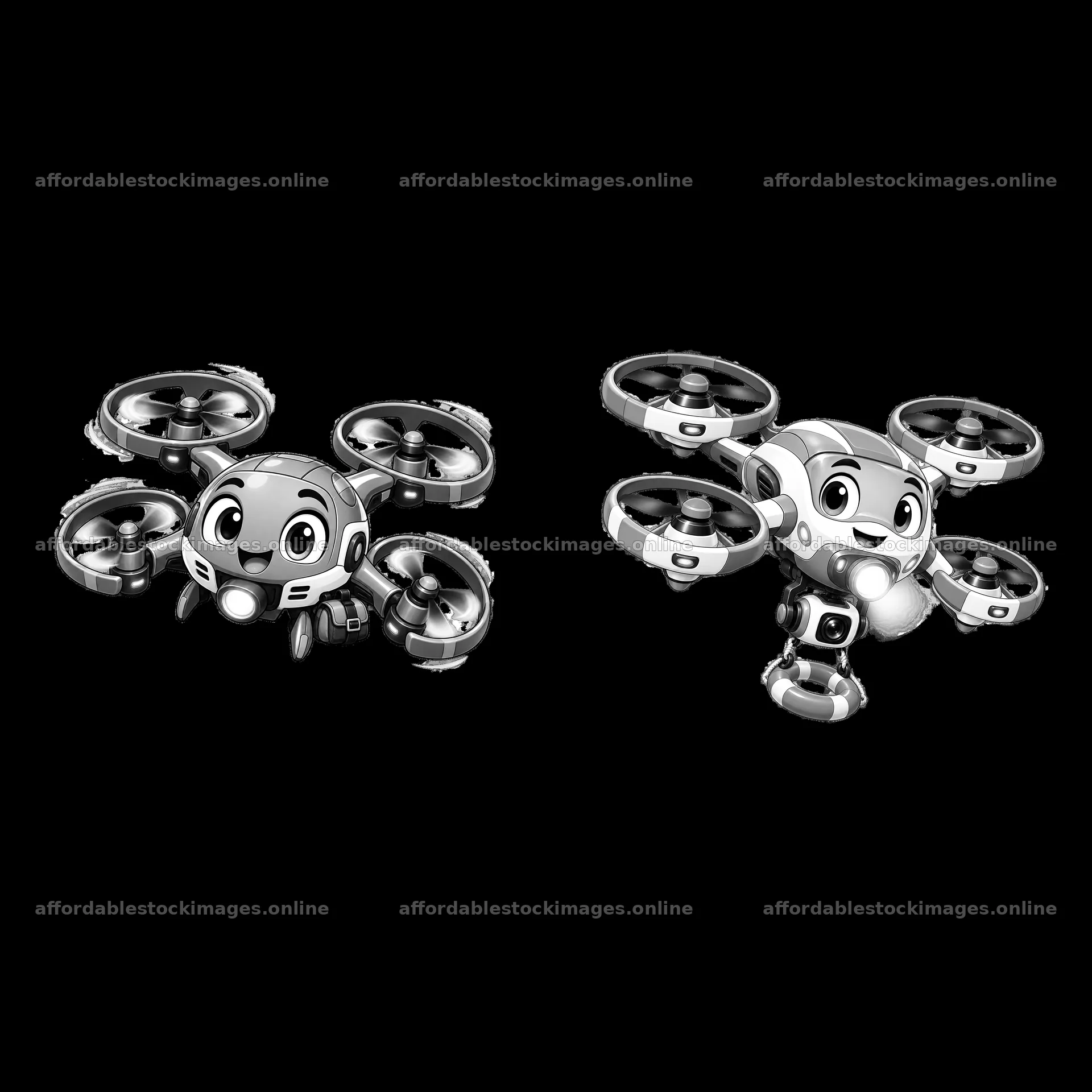 Cartoon drone characters smiling with propellers in action – stock images 7746x7746