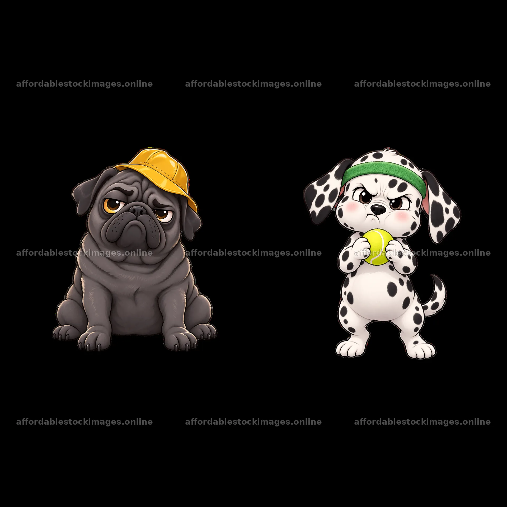 Grumpy cartoon dog pair with hat and toy in playful pose – stock images 7746x7746