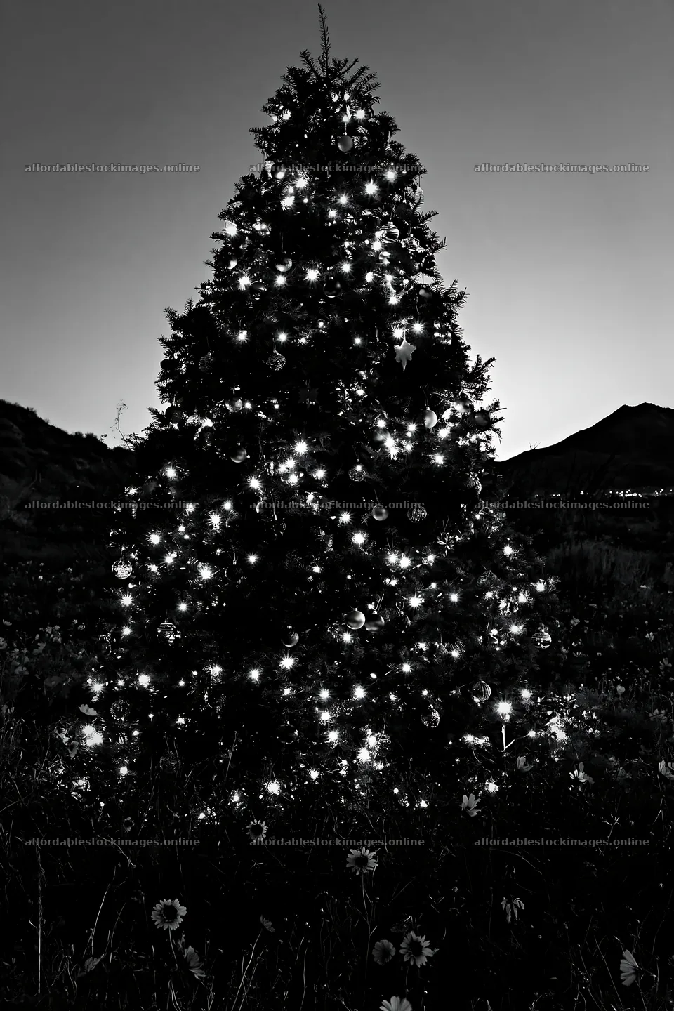 Christmas tree with ornaments in valley meadow at dusk – stock images 6480x9722