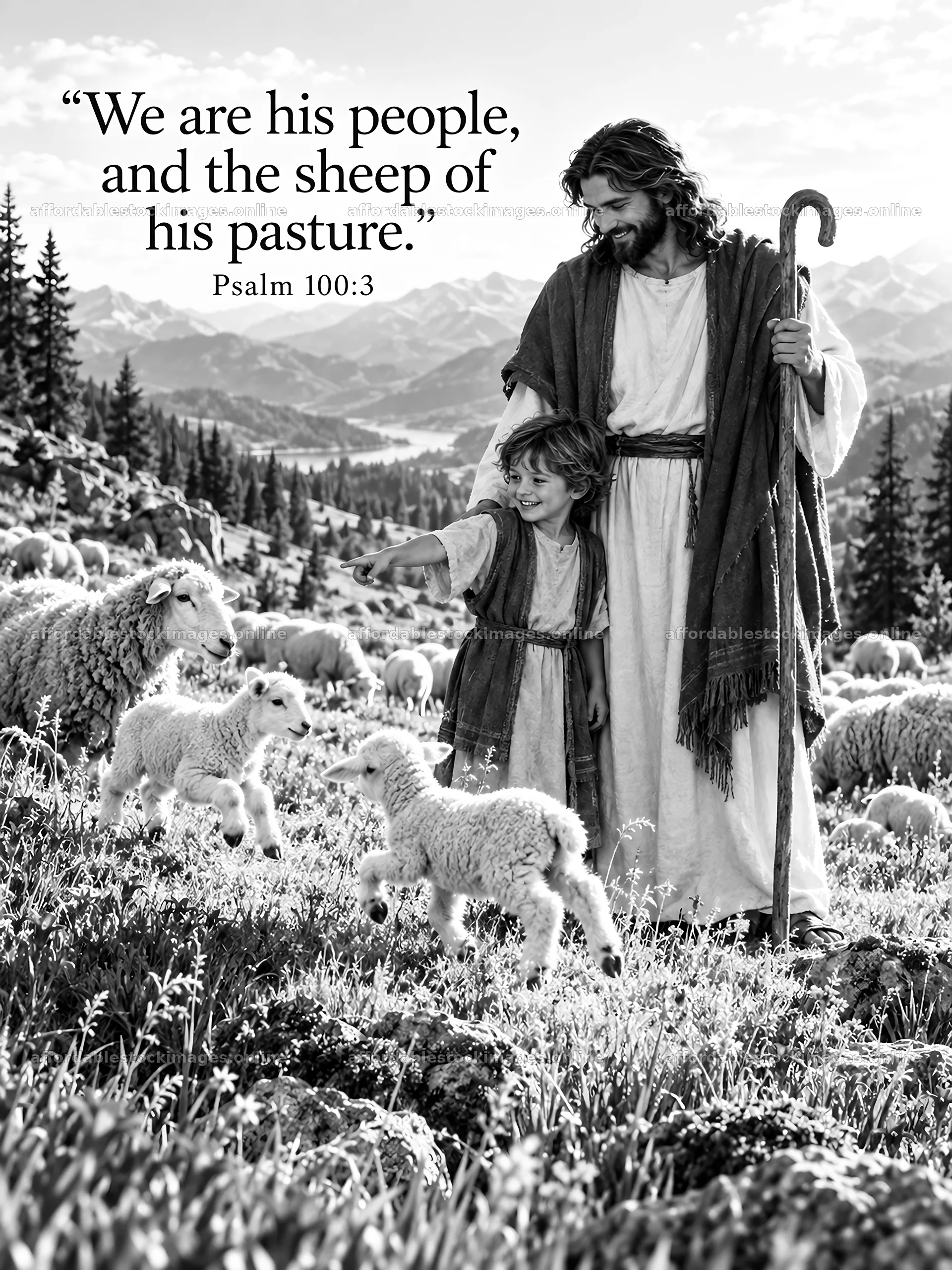 Jesus Christ with children and sheep in a pastoral setting – stock images 6708x8945