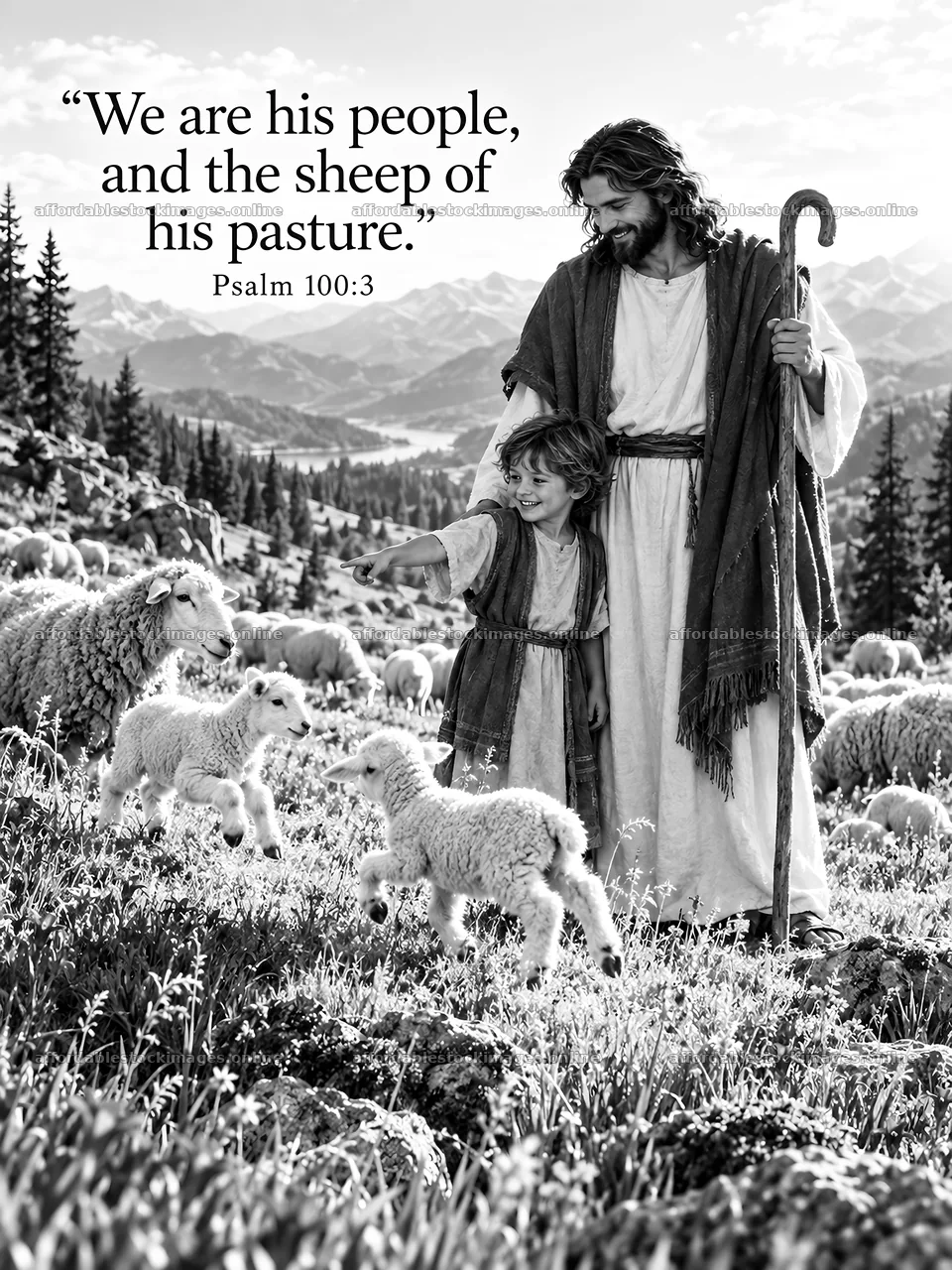 Jesus Christ with children and sheep in a pastoral setting – stock images 6708x8945