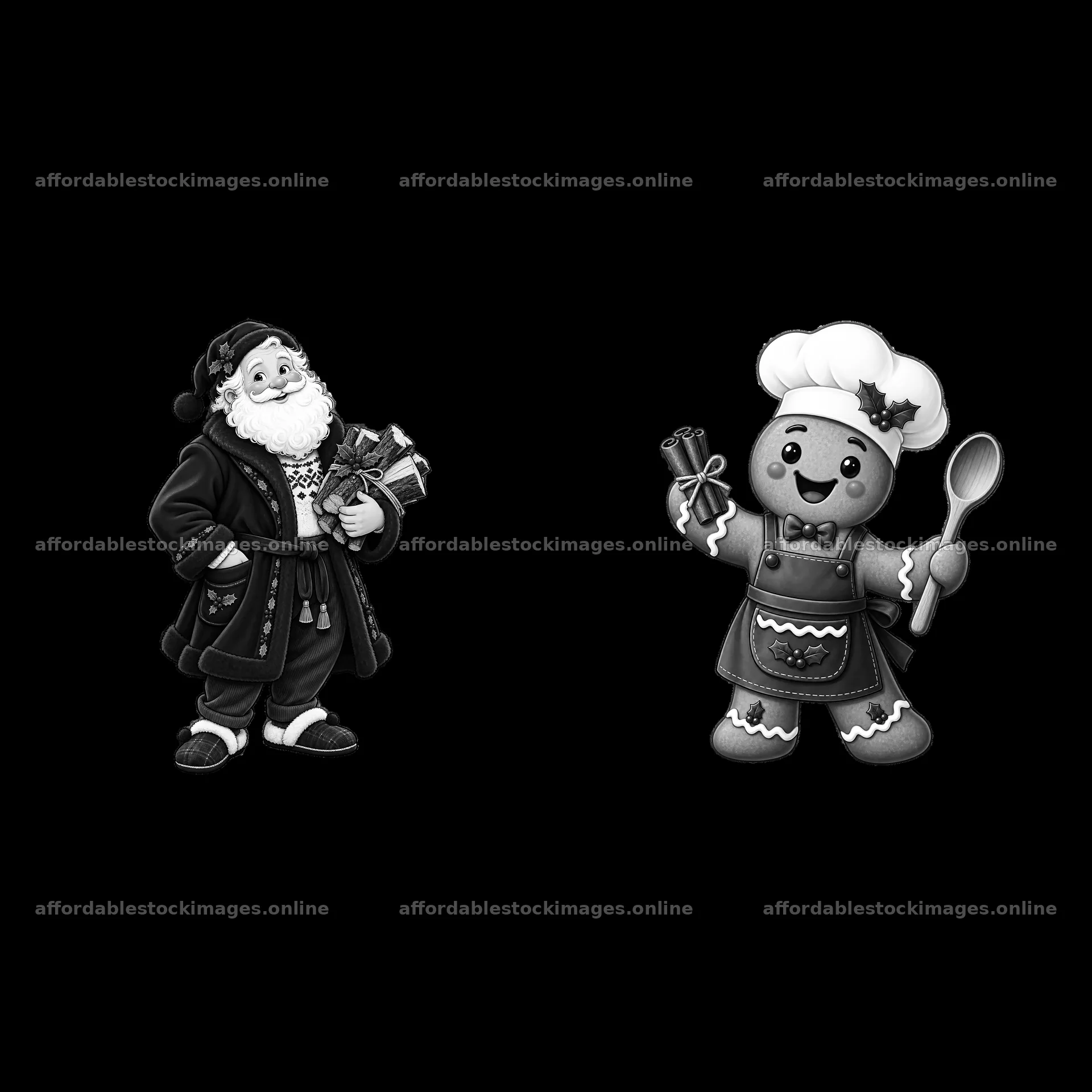Santa Claus and gingerbread man near a fireplace for Christmas – stock images 7746x7746