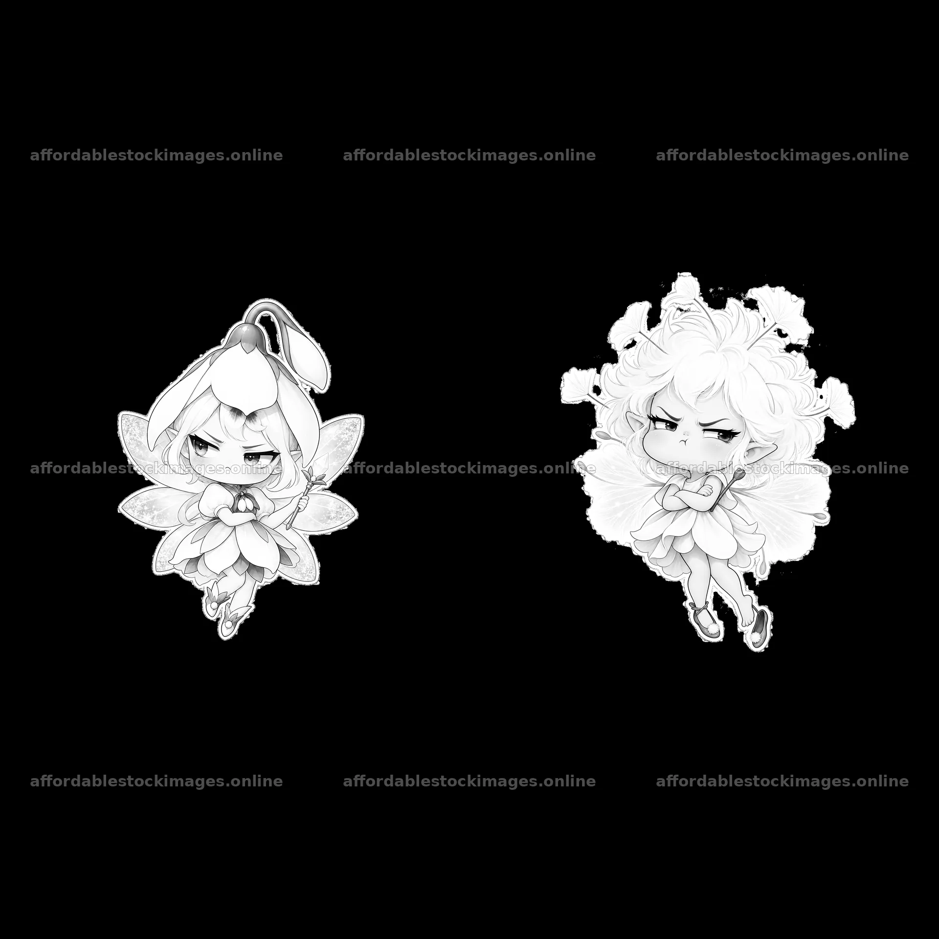Kawaii grumpy fairy pair cartoon sticker design – stock images 7746x7746