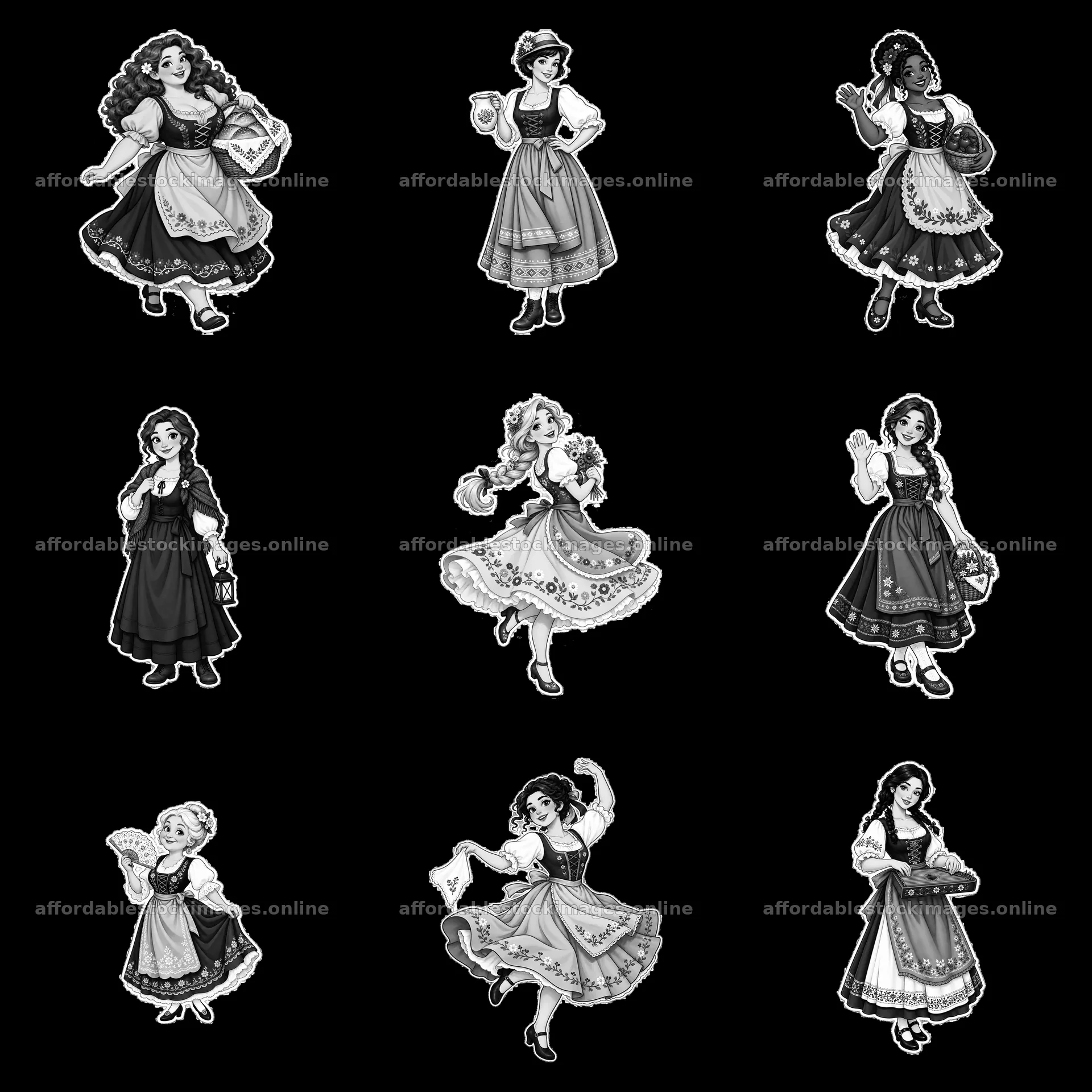 Women in traditional folk dress in a 3x3 grid layout – stock images 7746x7746