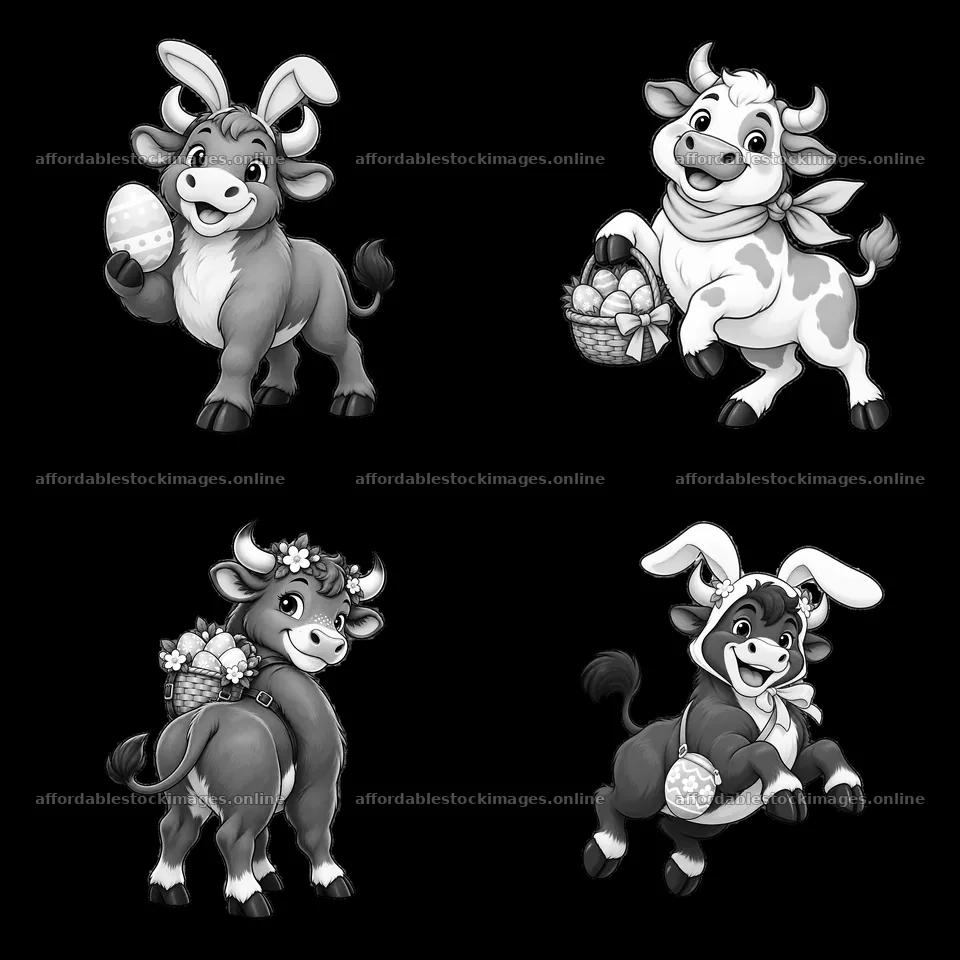 Easter-themed cartoon oxen with eggs and baskets in black and – stock images 7746x7746