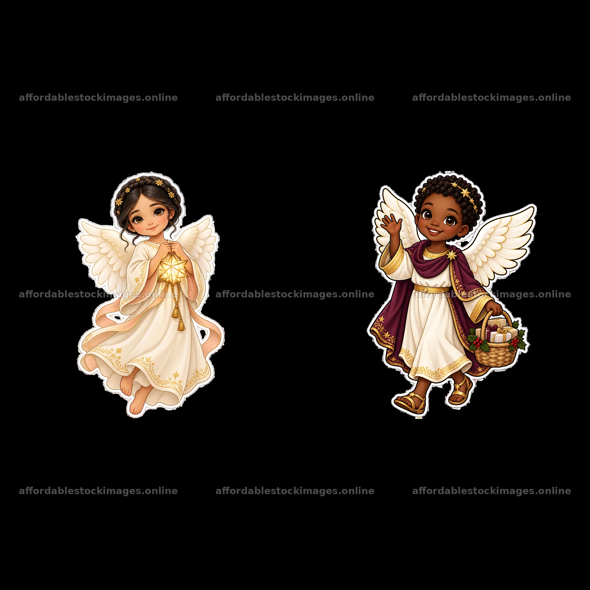 Christkind figures celebrating Christmas with gifts and joy – stock images 7746x7746