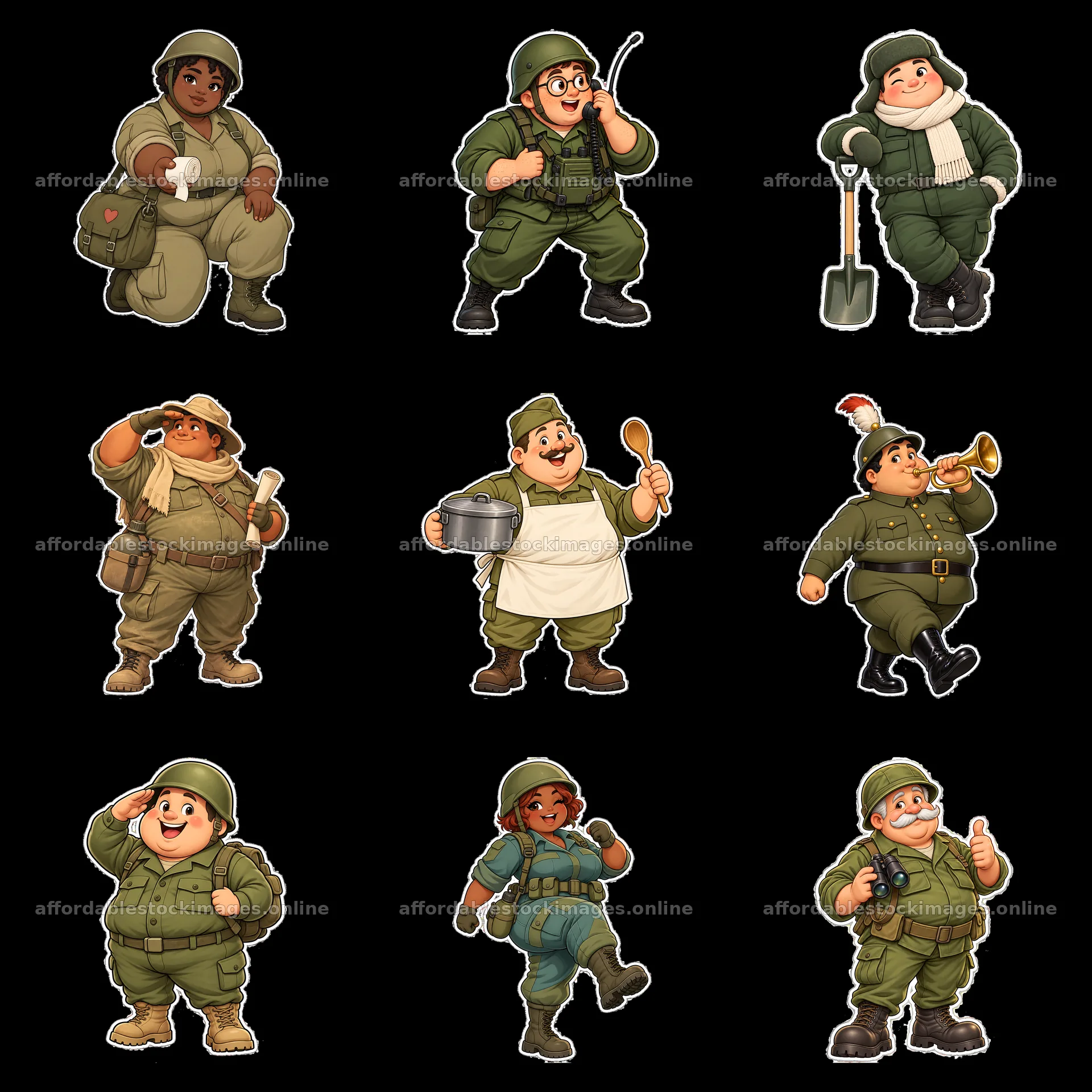 Cute ultra-chubby soldiers in different poses and actions – stock images 7746x7746
