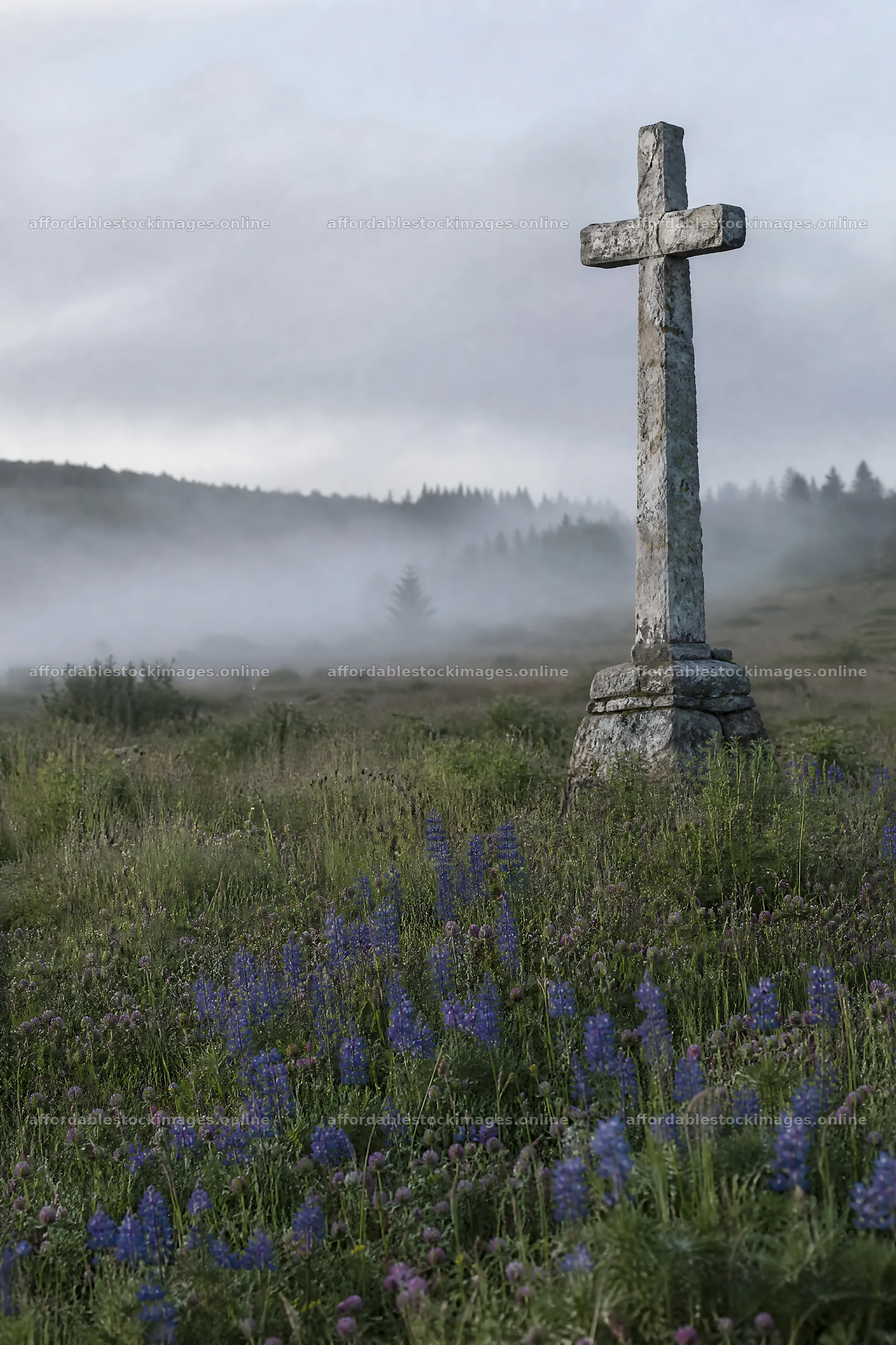 Weathered Christian cross in misty meadow with flowers – stock images 6480x9722