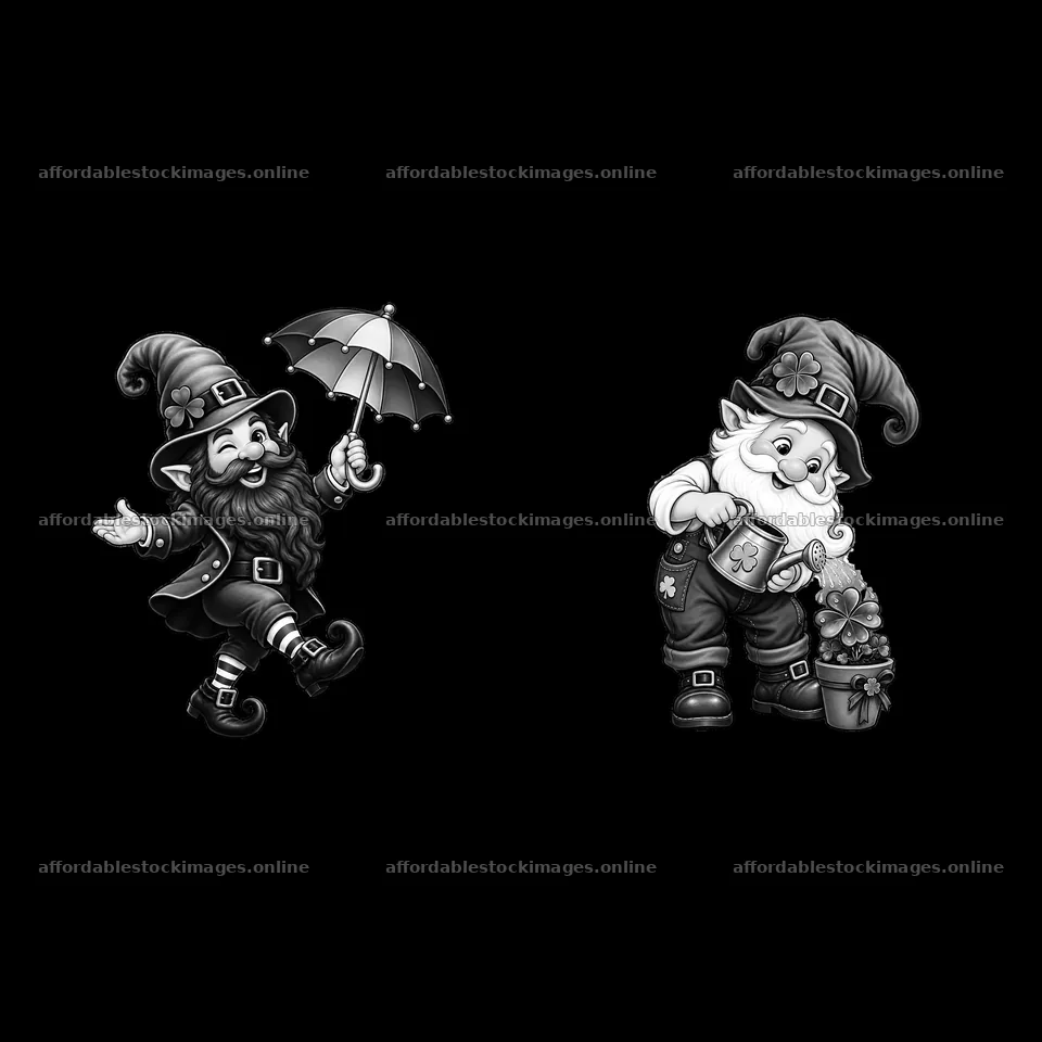 St. Patrick's Day gnomes with an umbrella and a flower pot – stock images 7746x7746