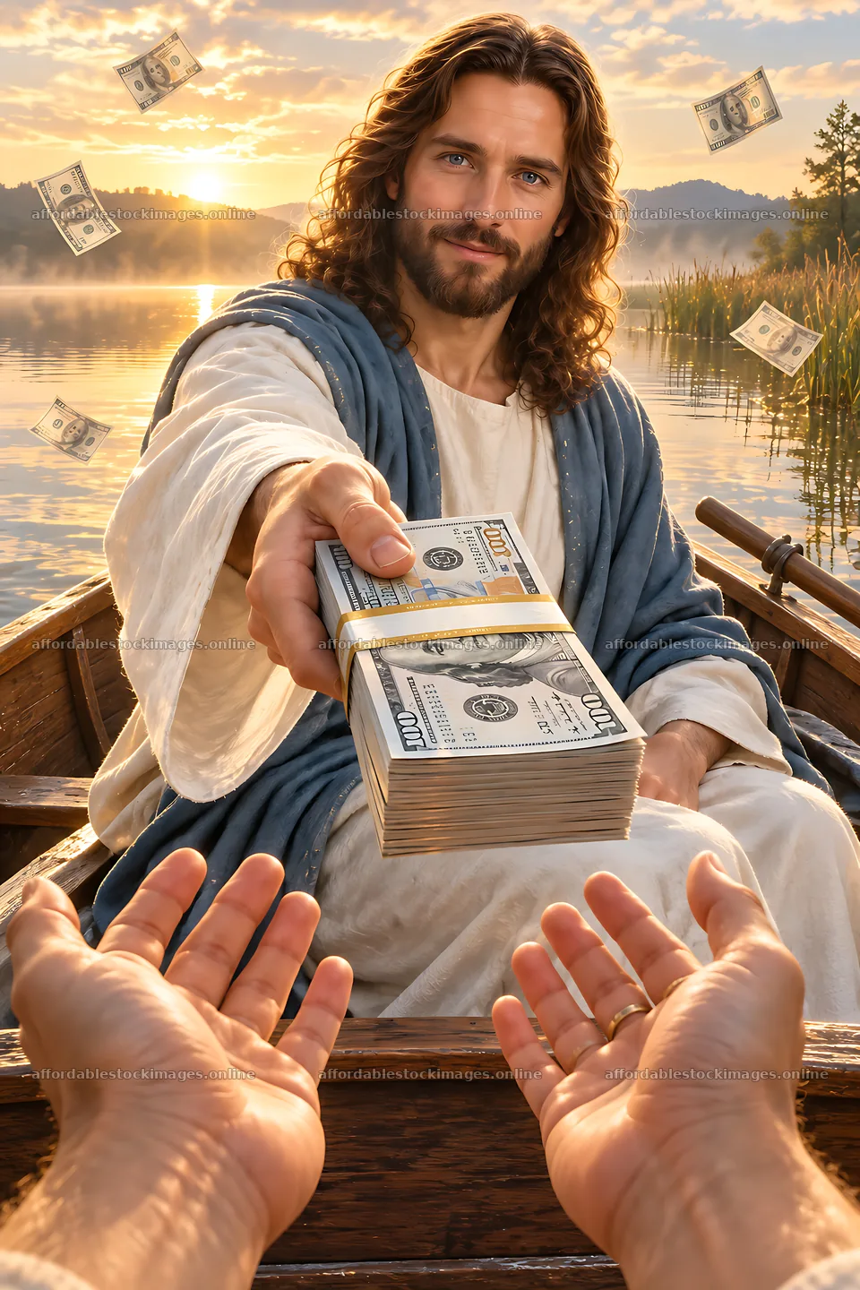 Lakeside stillness with figure handing money from boat – stock images 6480x9722