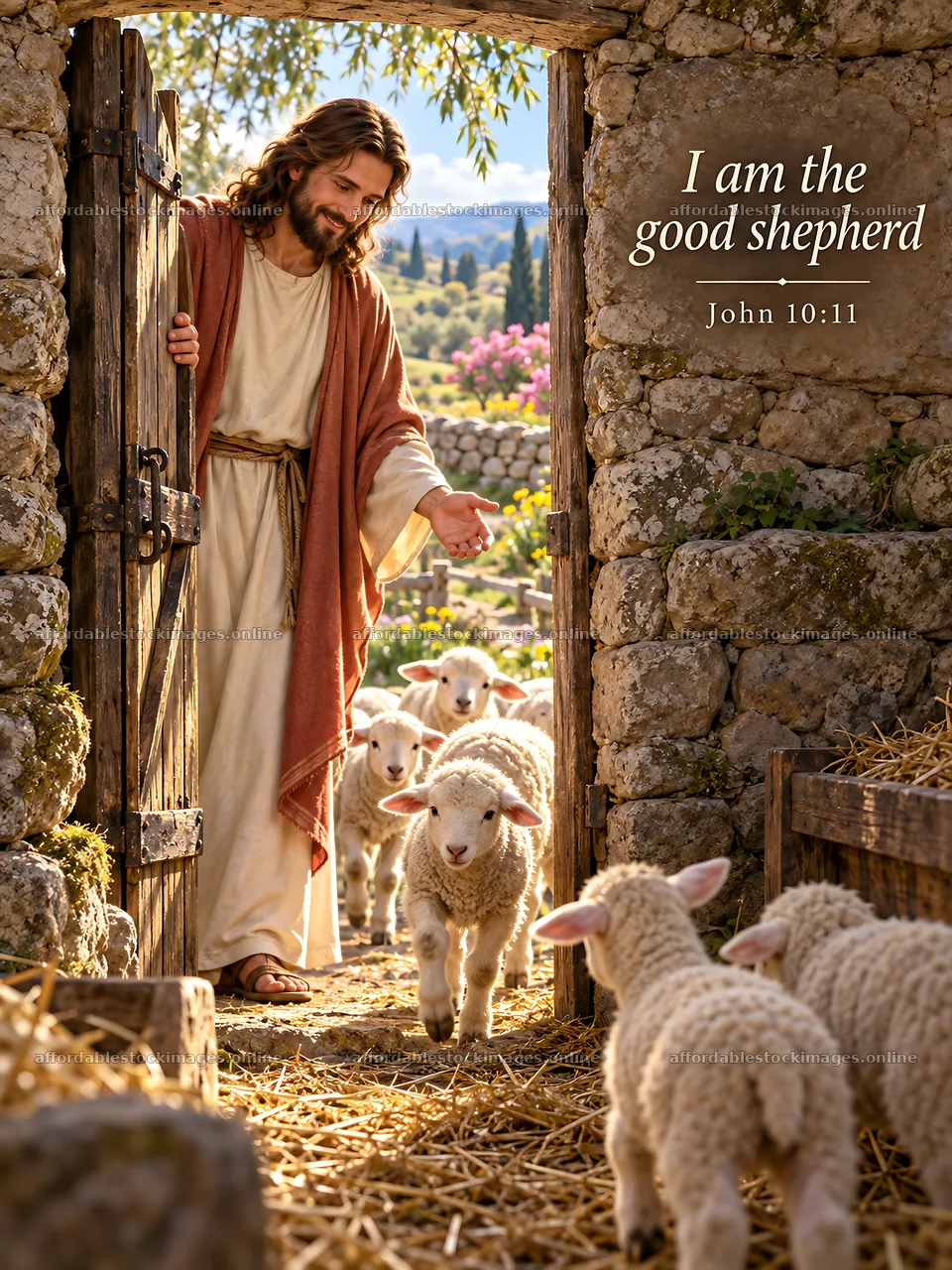 Jesus Christ as the Good Shepherd welcoming his sheep – stock images 6708x8945