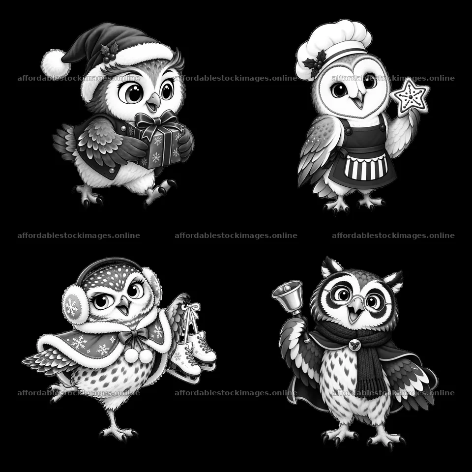 Christmas owl characters in festive attire and actions – stock images 7746x7746