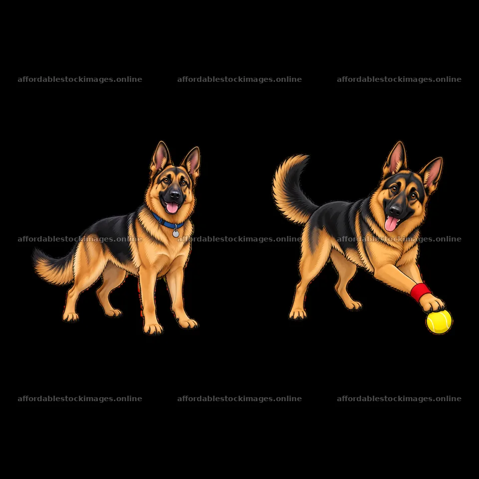 German shepherd dog pair playing with a ball and standing alert – stock images 7746x7746