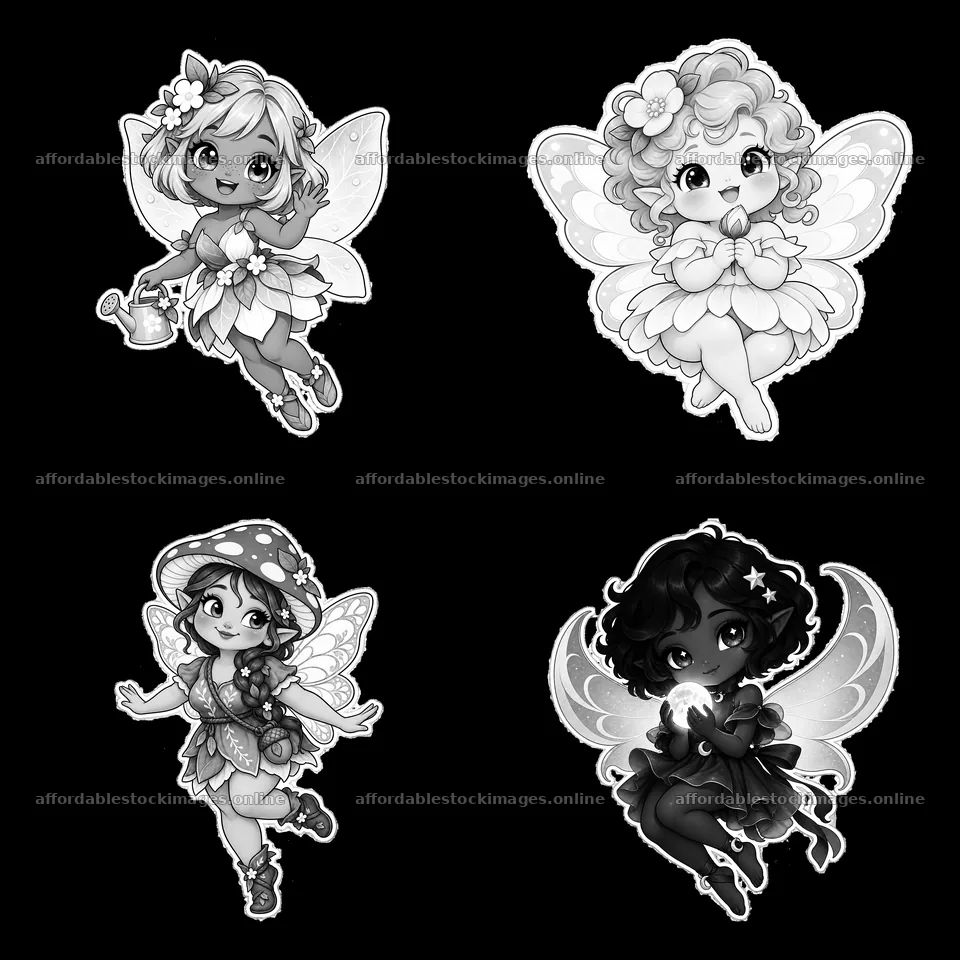 Kawaii chubby fairies in playful poses with accessories – stock images 7746x7746
