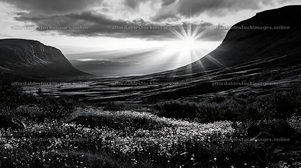 Jotunheimen valley meadow sunbeams during sunset – stock images 10608x5938