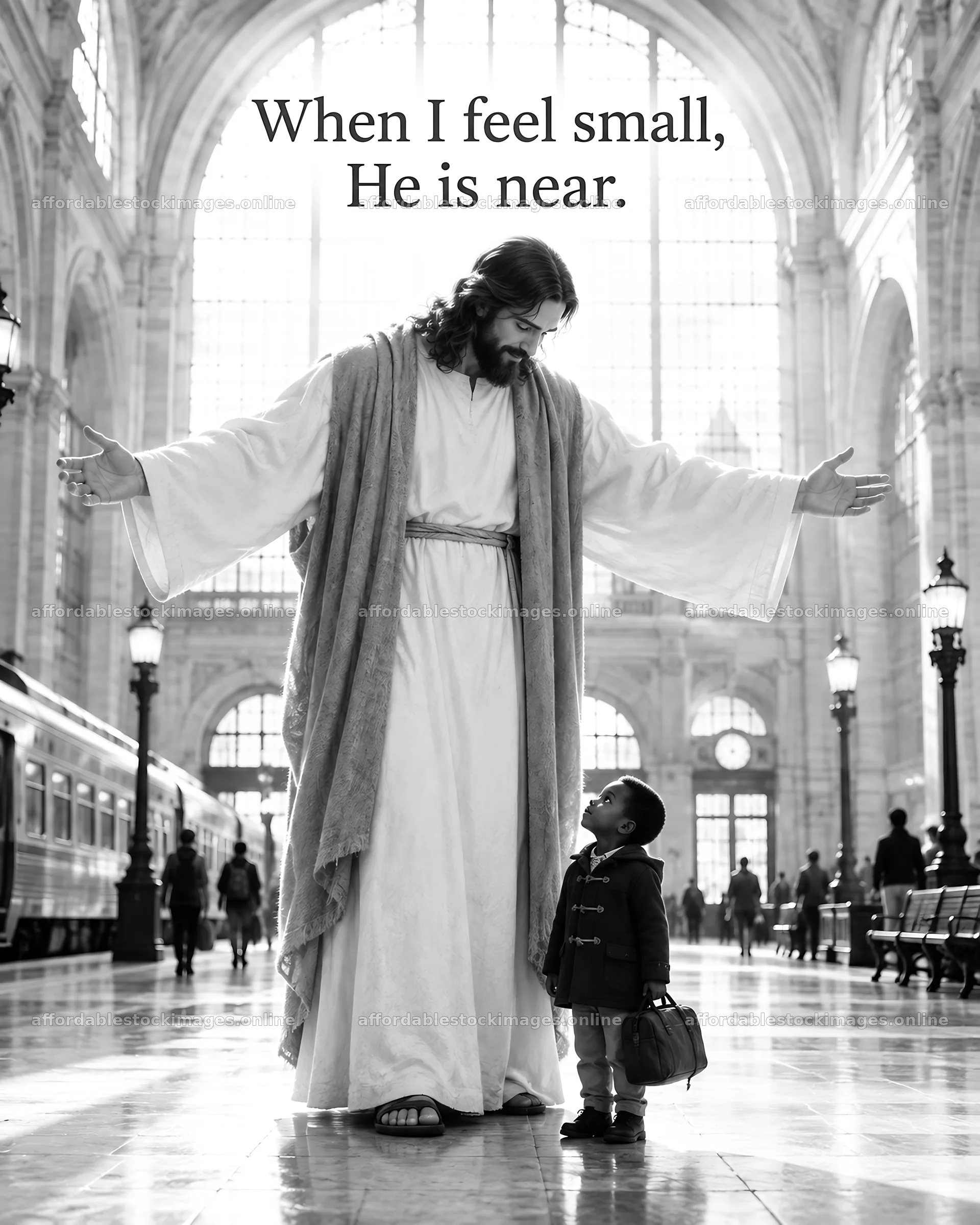 Jesus Christ with a child in a welcoming indoor space – stock images 6930x8659