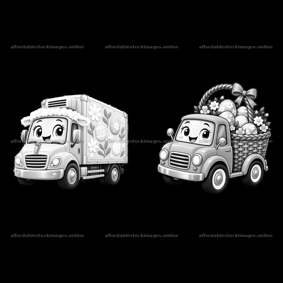 Cute trucks delivering Easter eggs and flowers – stock images 7746x7746