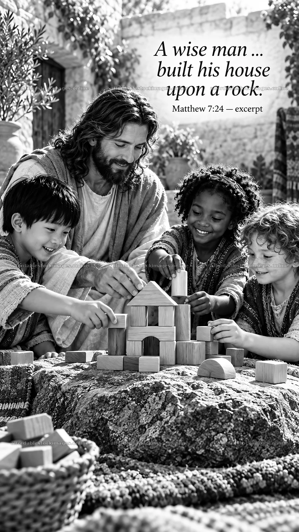 Jesus Christ teaching children with building blocks – stock images 5811x10326