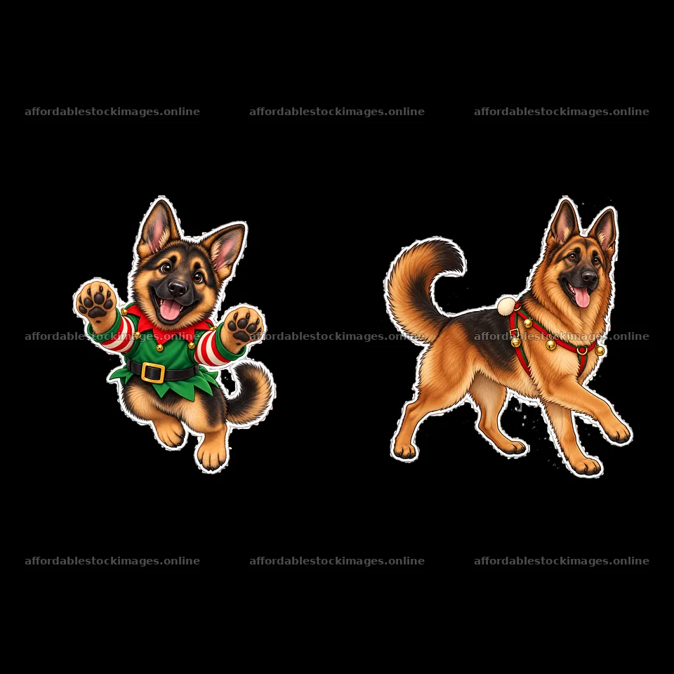 German Shepherds celebrate Christmas with joy and festive attire – stock images 7746x7746