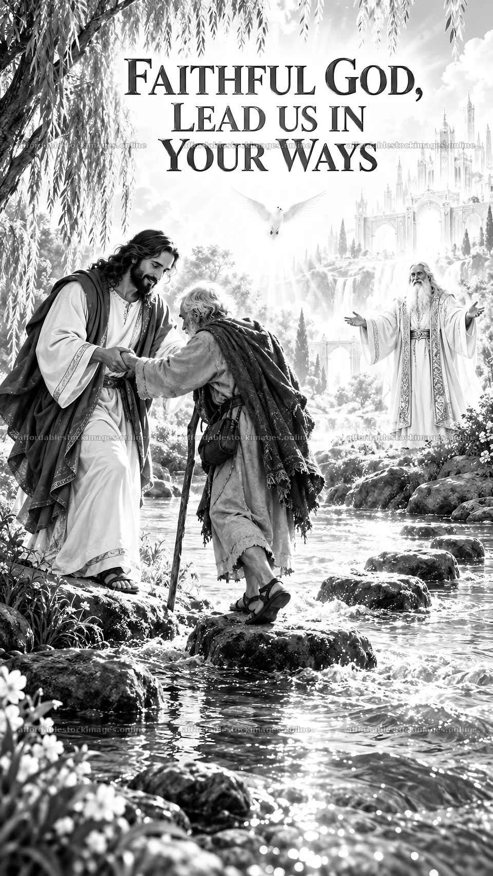 Jesus Christ guiding a man across water – stock images 5811x10326