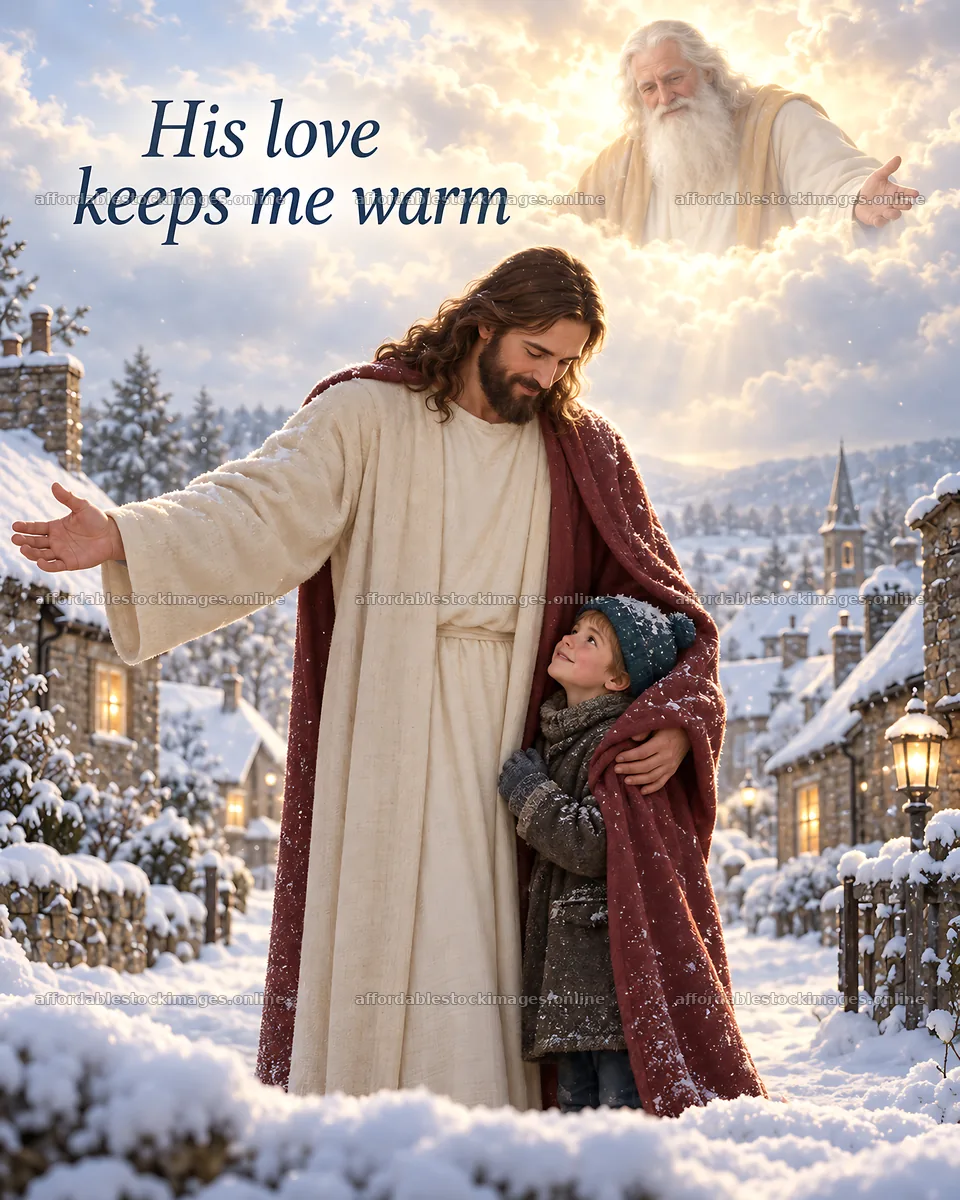 Jesus Christ comforting a child in a winter setting – stock images 6930x8659
