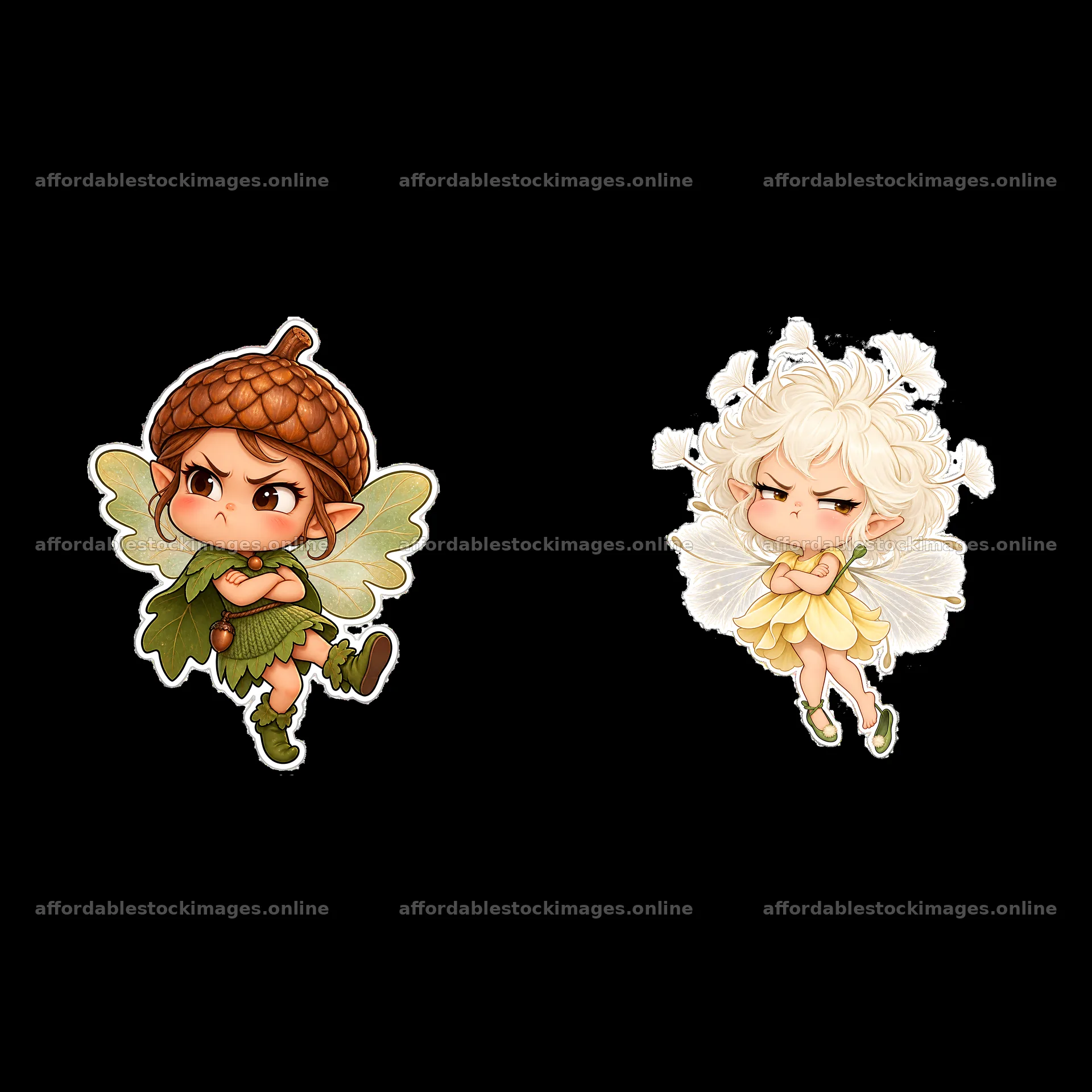 Kawaii grumpy fairy characters with acorn hat and white wings – stock images 7746x7746