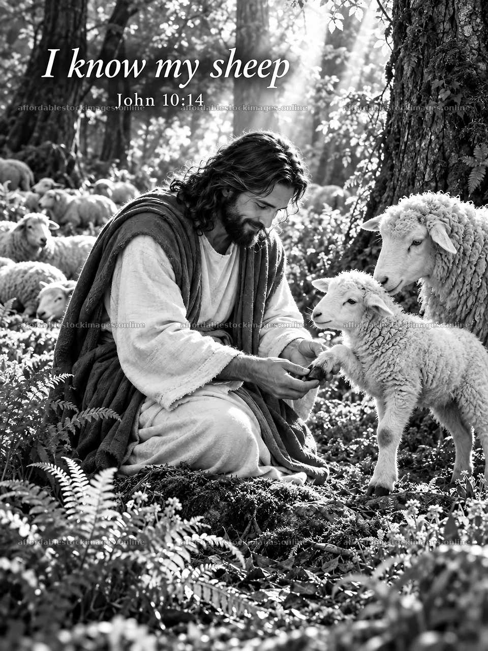 Jesus Christ caring for sheep in a tranquil forest setting – stock images 6708x8945