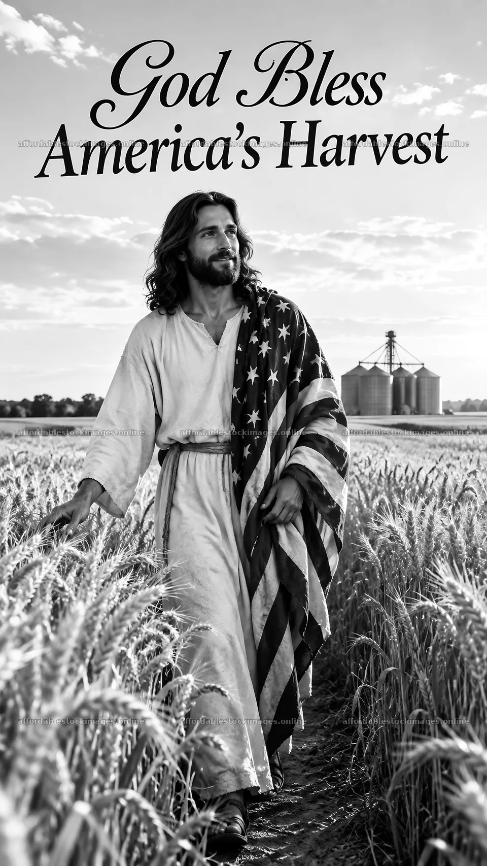 Jesus Christ walking through a wheat field with an American flag – stock images 5811x10326