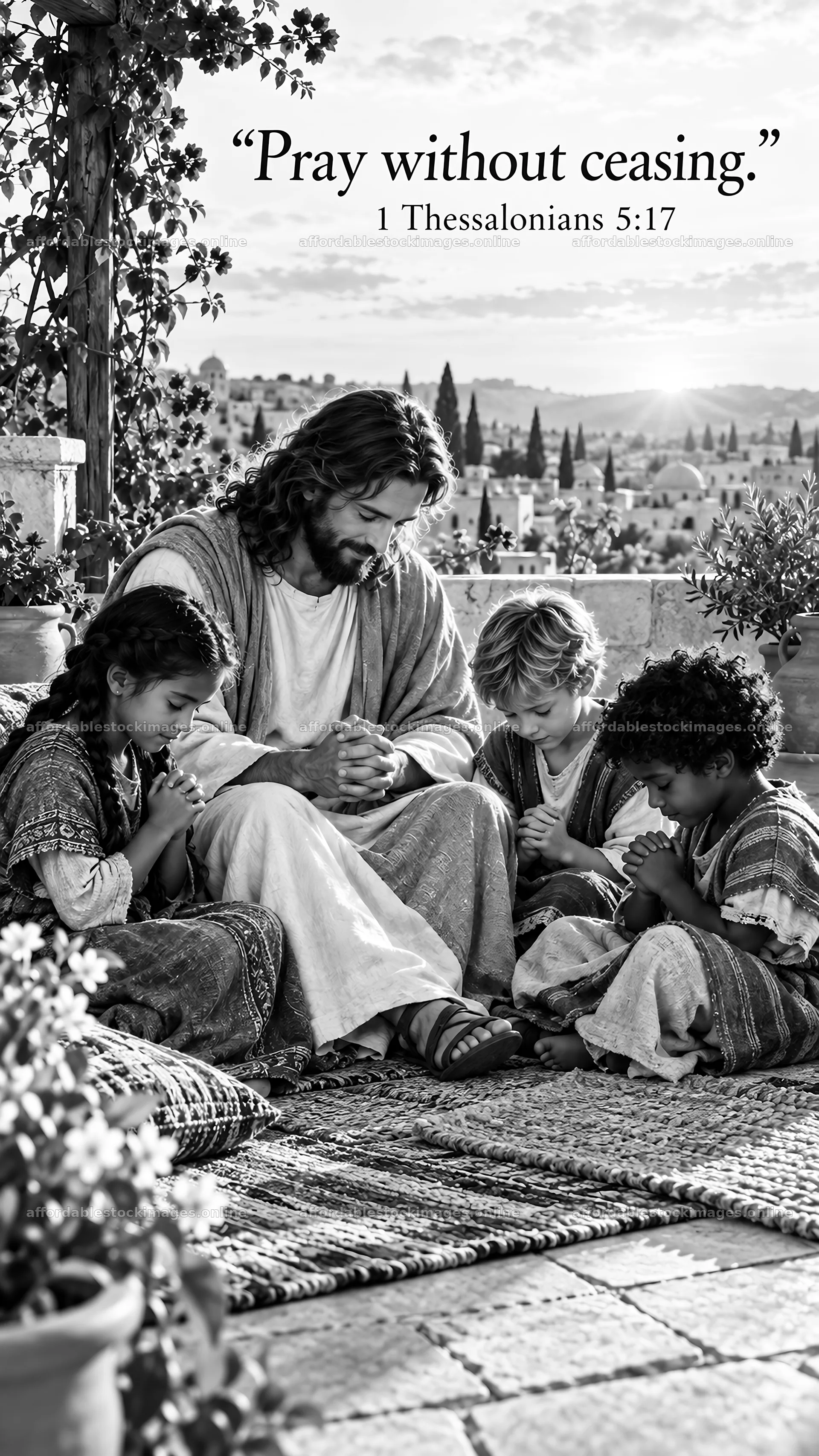 Jesus Christ teaching children to pray – stock images 5811x10326