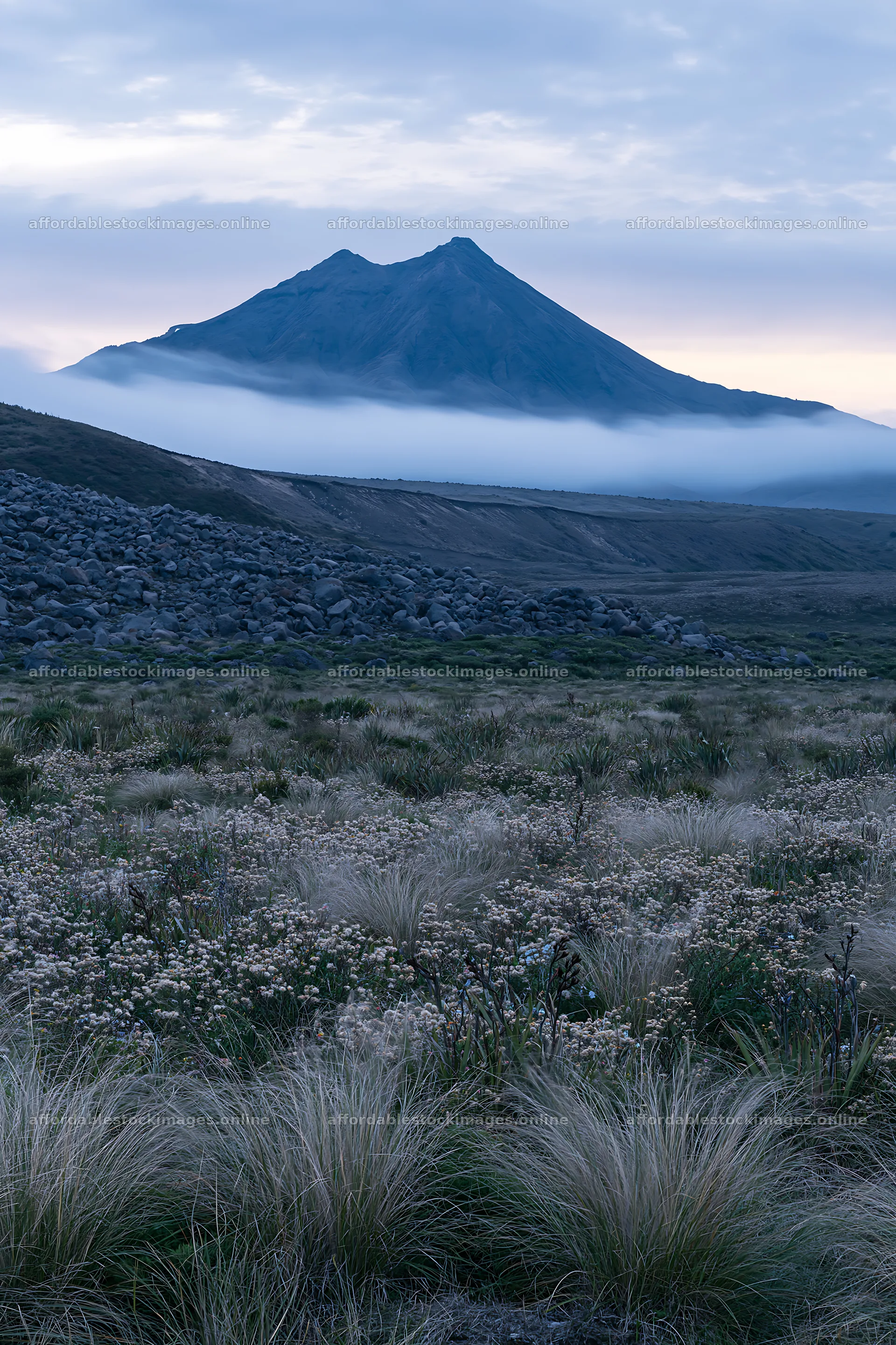 Poppy flax meadow with mountain and fog at sunrise – stock images 6480x9722