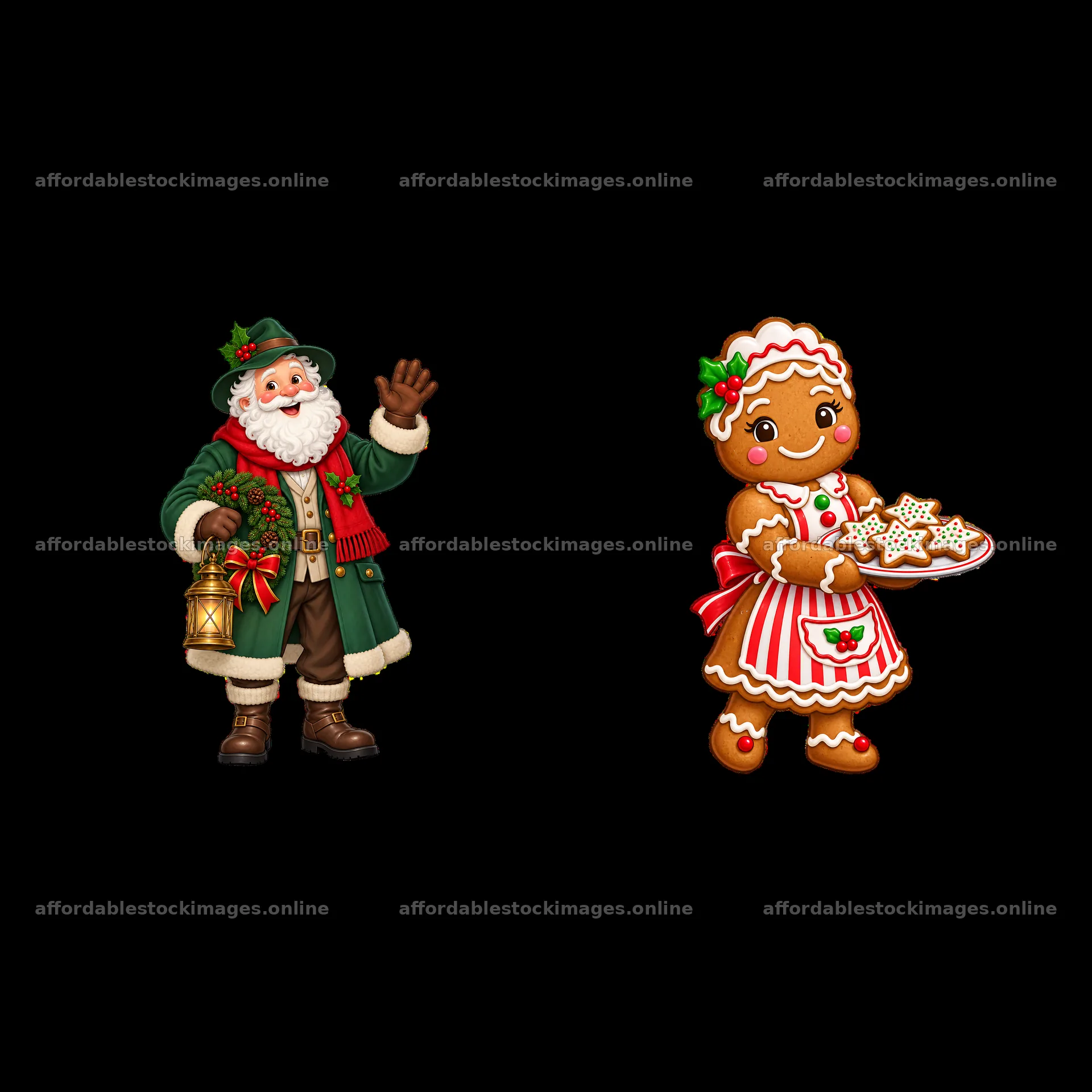 Santa and gingerbread girl with cookies in Christmas villa – stock images 7746x7746
