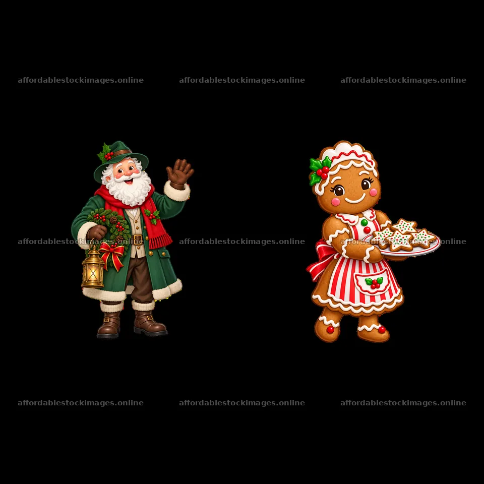 Santa and gingerbread girl with cookies in Christmas villa – stock images 7746x7746