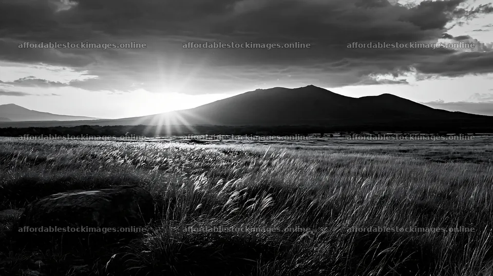 Aomori climate resilient meadow with boulder at sunset – stock images 10608x5938